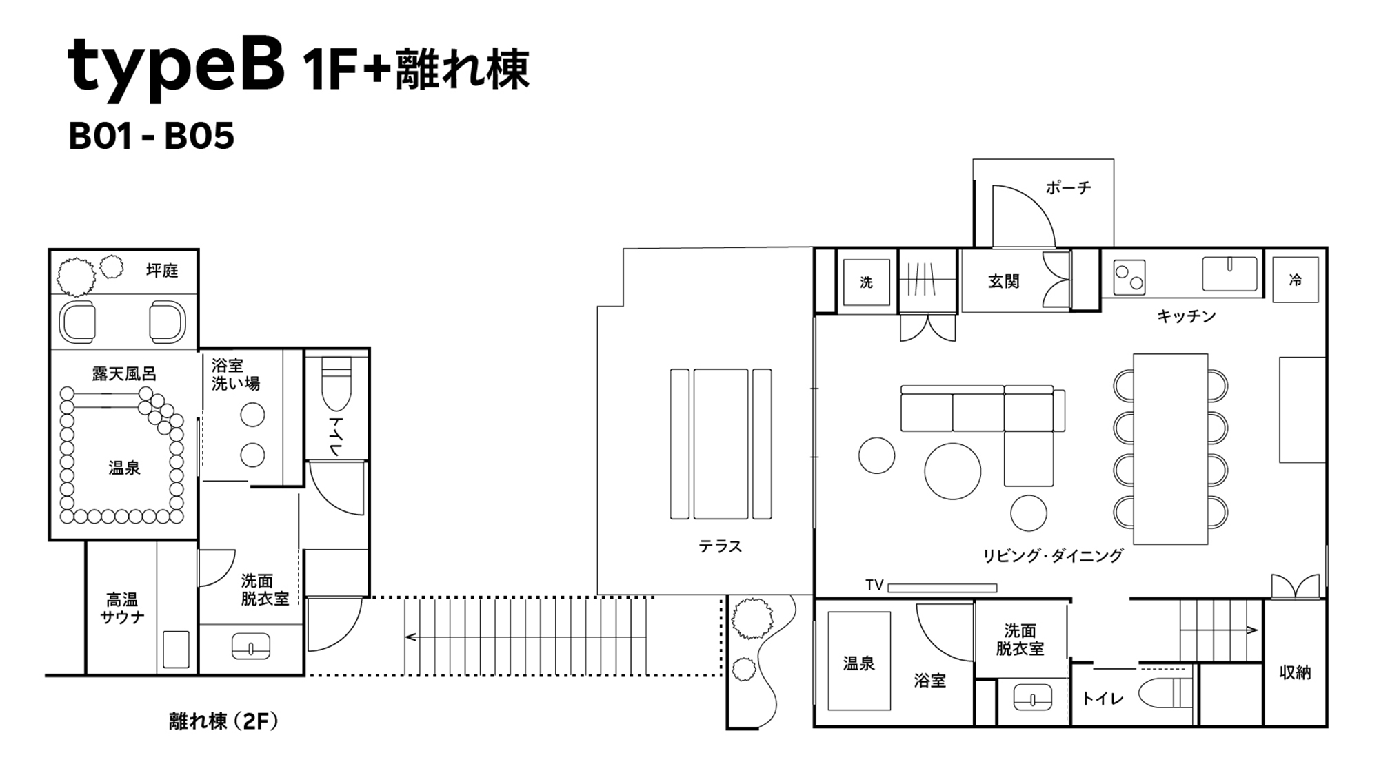 【間取り図:B】Bタイプ客室・1階+離れ棟の間取り図はこちらです