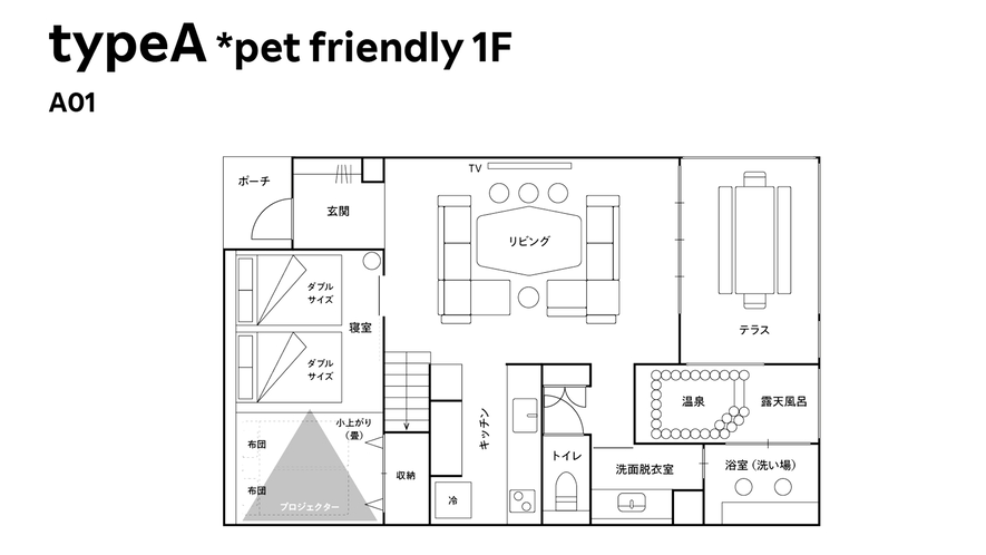 【間取り図:A01(ペット可)】A01(ペット可)の客室・1階の間取り図はこちらです
