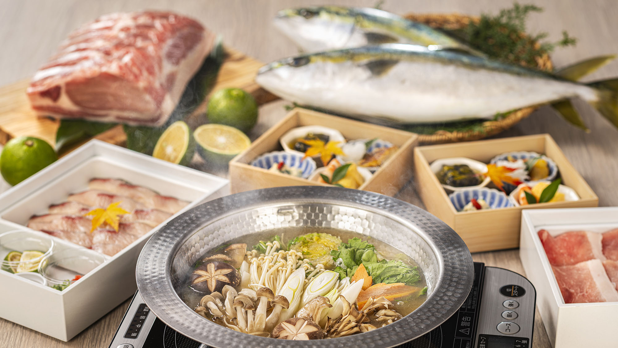 【食事：ぶりしゃぶ】大分県産のカボスぶりと奥豊後豚を使った贅沢なしゃぶしゃぶセット