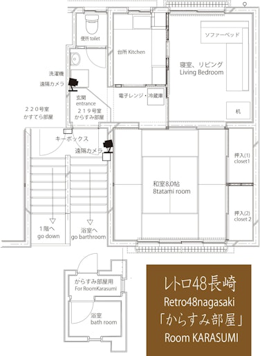 お部屋のレイアウト図面です。洋室にソファーベッド、和室に布団３名分が用意されています。