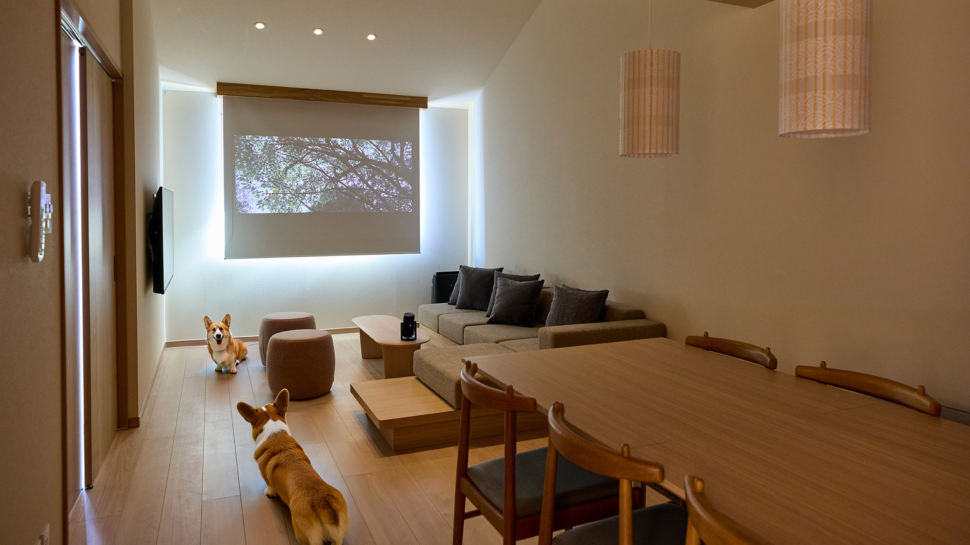 【E：リビング】ポータブルプロジェクタで、迫力の映像鑑賞がお楽しみいただけます