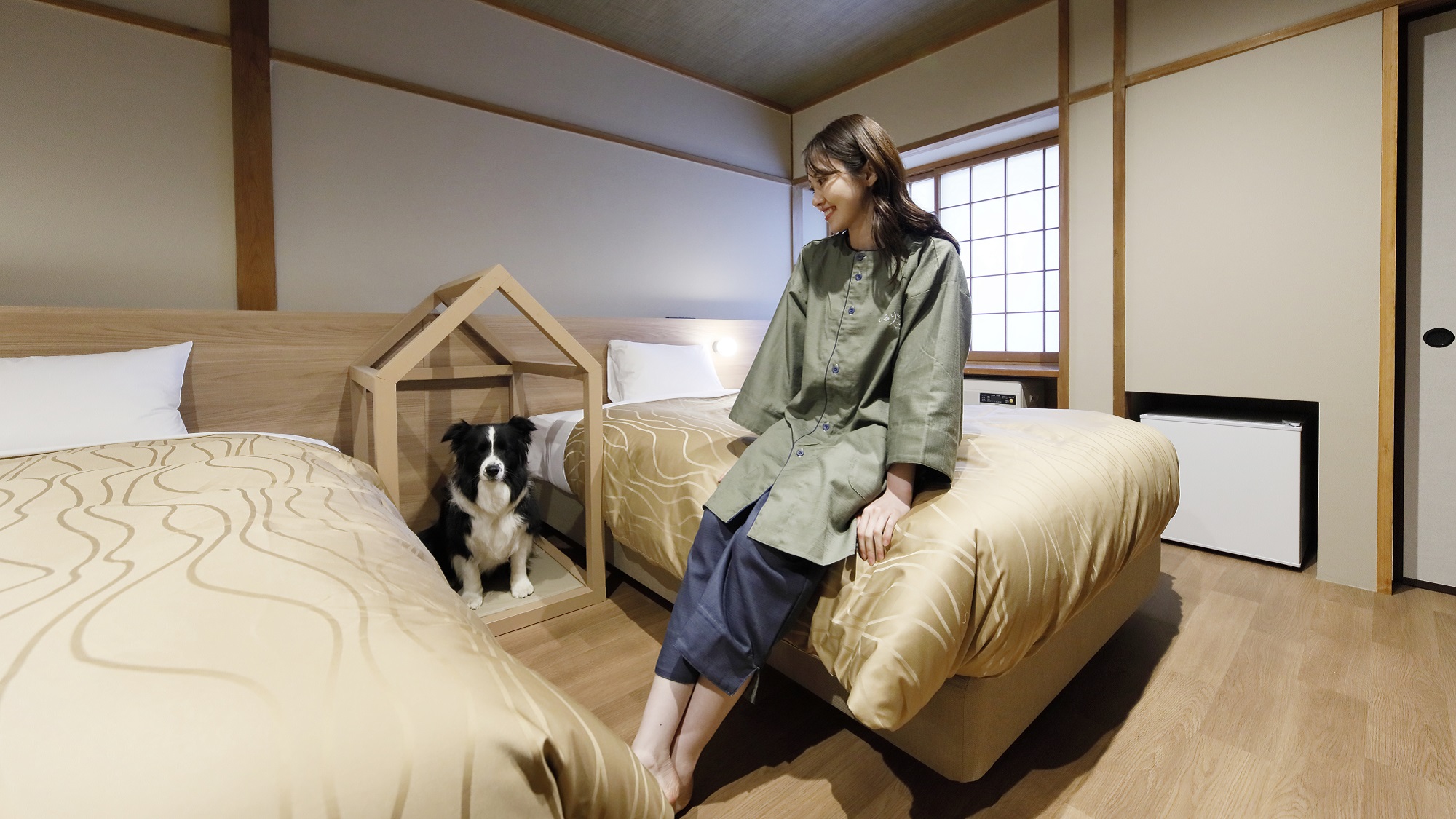 【半露天風呂付きツインベッド】オリジナル愛犬専用ベッドをご用意いたしております。（一例）