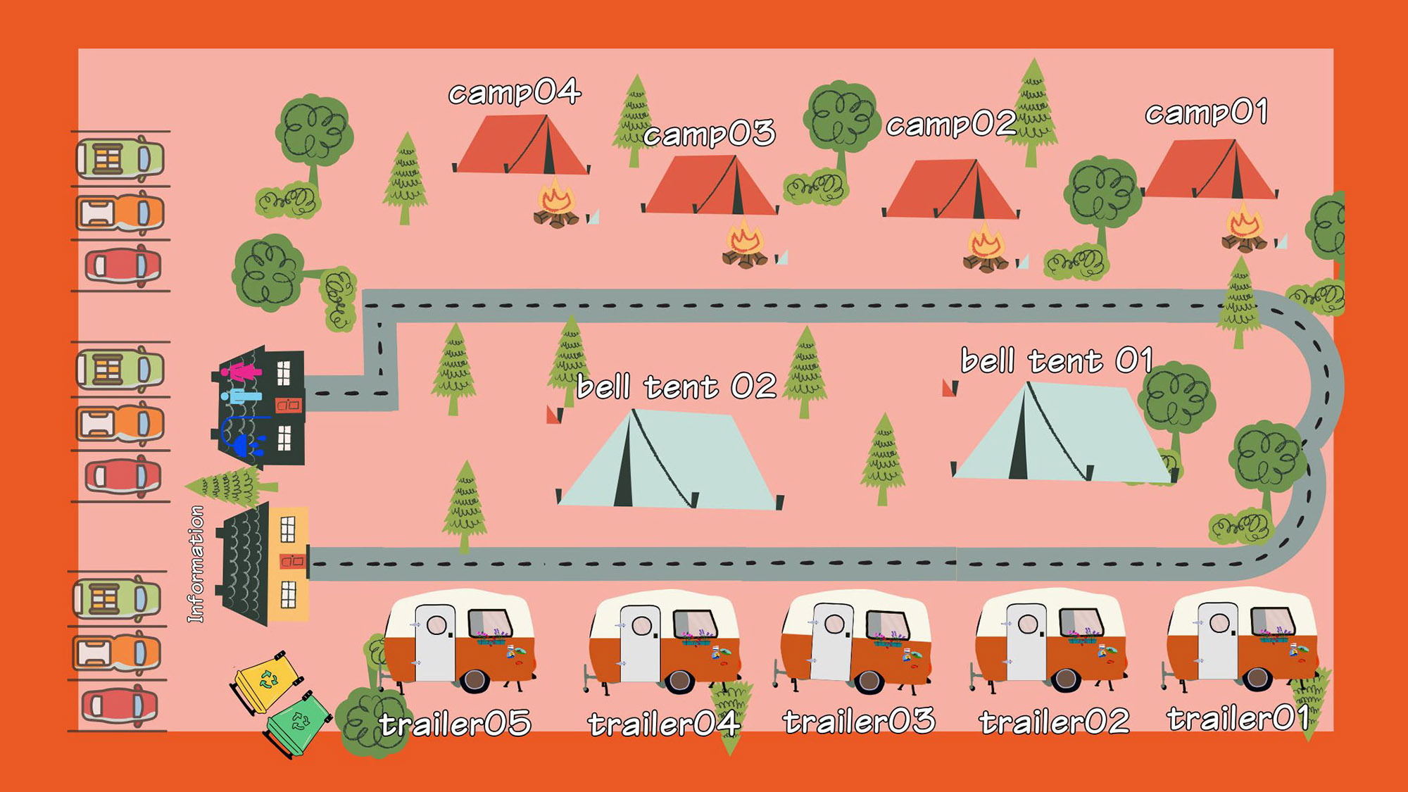 ・【キャンプ場マップ】喧騒を離れた立地で、トレーラーハウスとグランピングテントの宿泊タイプがあります