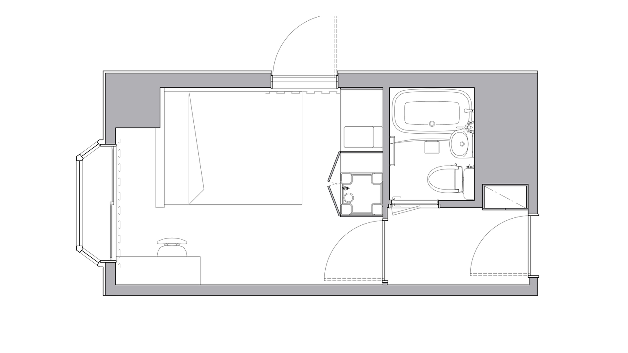 スタジオアパートメント　ダブルベッド１台　間取図