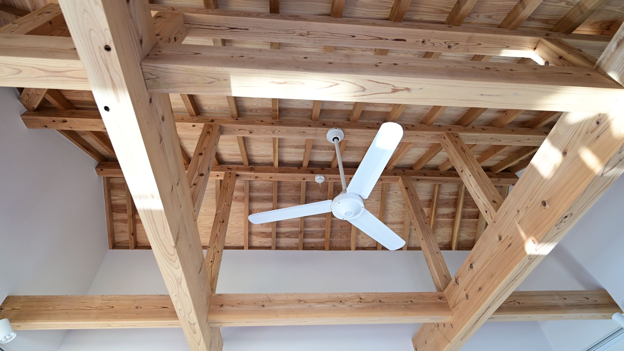 天井の木組みとファンが美しいアクセントに。 