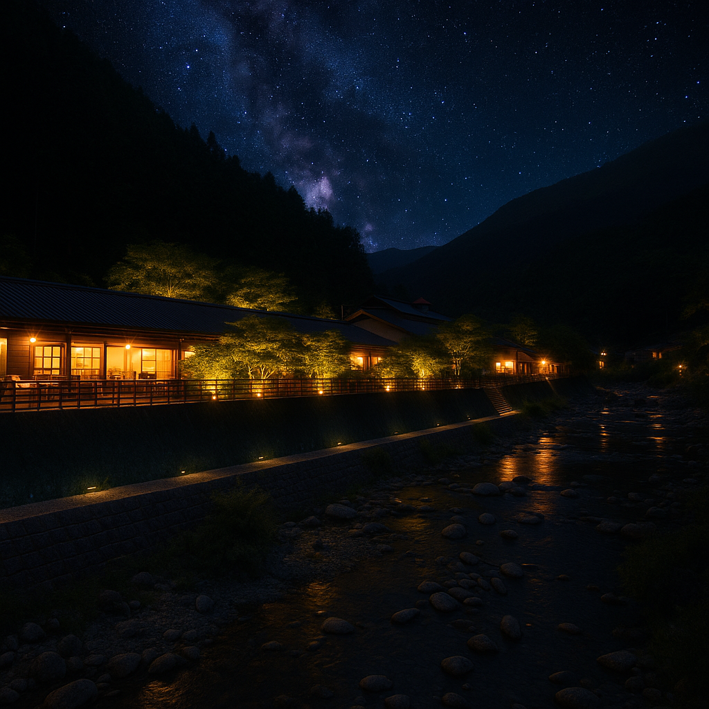 四国山地の深い森に抱かれ、満天の星空が降りそそぐ場所にある「道の駅 木の香温泉」。 澄んだ空気と渓流のせせらぎ、そして木の香りが漂う温泉宿は、まるで自然とひとつになるような静寂の時間を過ごせます。 夜になると、建物の灯りがやわらかく山あいを照らし、木々が幻想的にライトアップされます。 空には無数の星々が瞬き、露天風呂からは天の川までもが望める贅沢なひととき。日常の喧騒を忘れ、ただ自然の息づかいに身を委ねる――それが「木の香温泉」の魅力です。湯は肌あたりのやさしいアルカリ性単純温泉。登山やドライブの途中に立ち寄る日帰り入浴から、宿泊でじっくり癒す滞在まで、幅広く利用できます。