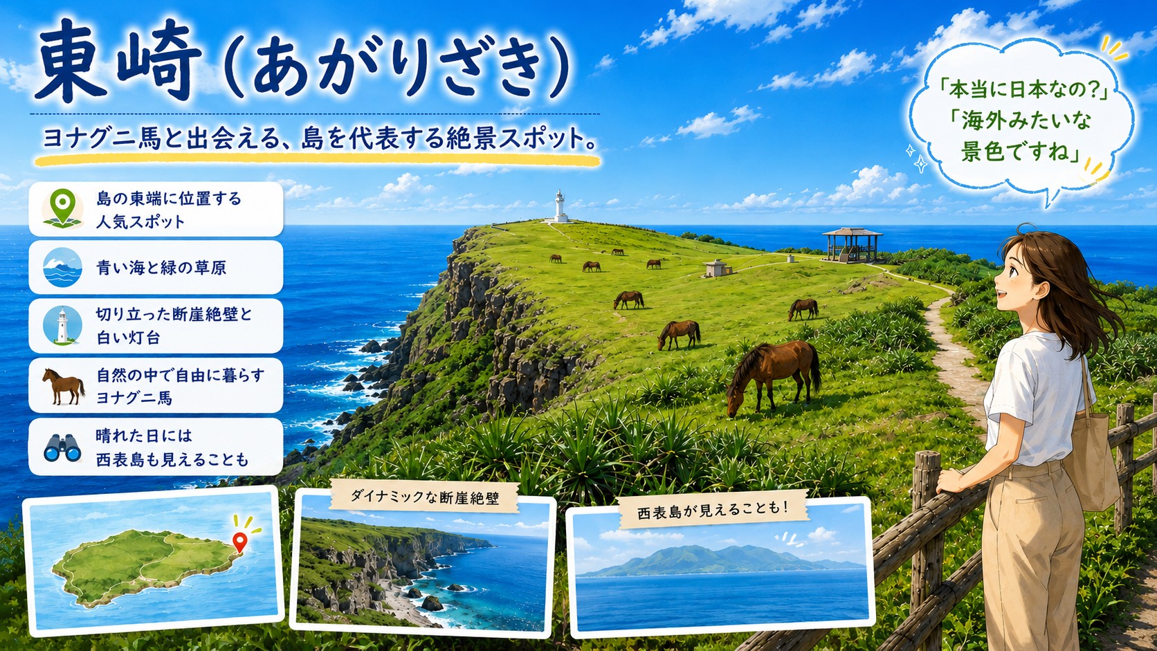 東崎（あがりざき） ヨナグニ馬と出会える、島を代表する絶景スポット。