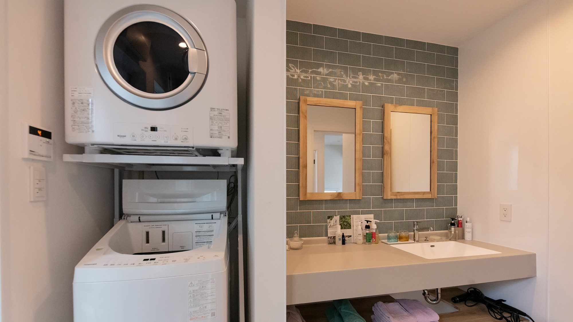 ・【洗濯機、ガス乾燥機】自動投入洗剤付きの洗濯機。乾燥機を使ってすぐお気に入りの服を着ることが可能