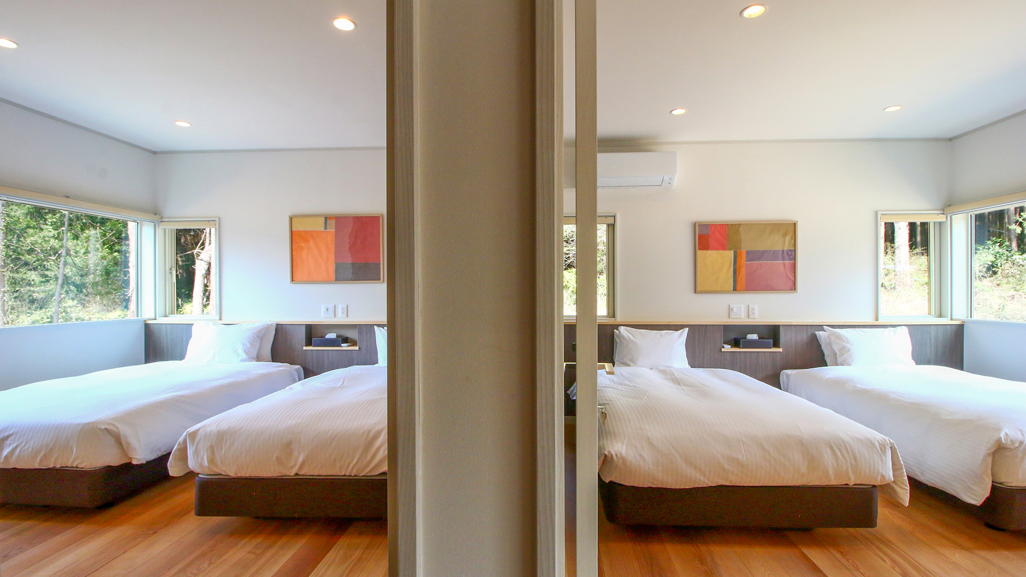 #寝室　明るく落ち着いたツインルームでごゆっくりお過ごしください