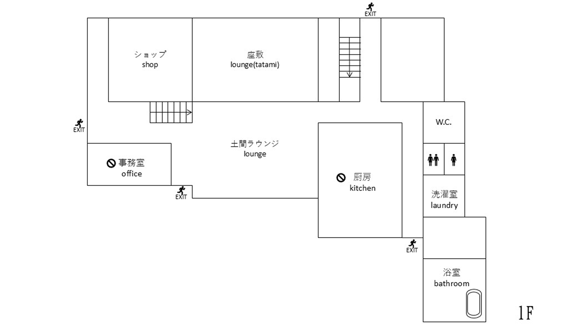・【フロアマップ1F】ラウンジはお食事やパソコン作業 　交流の場としてご利用可能です