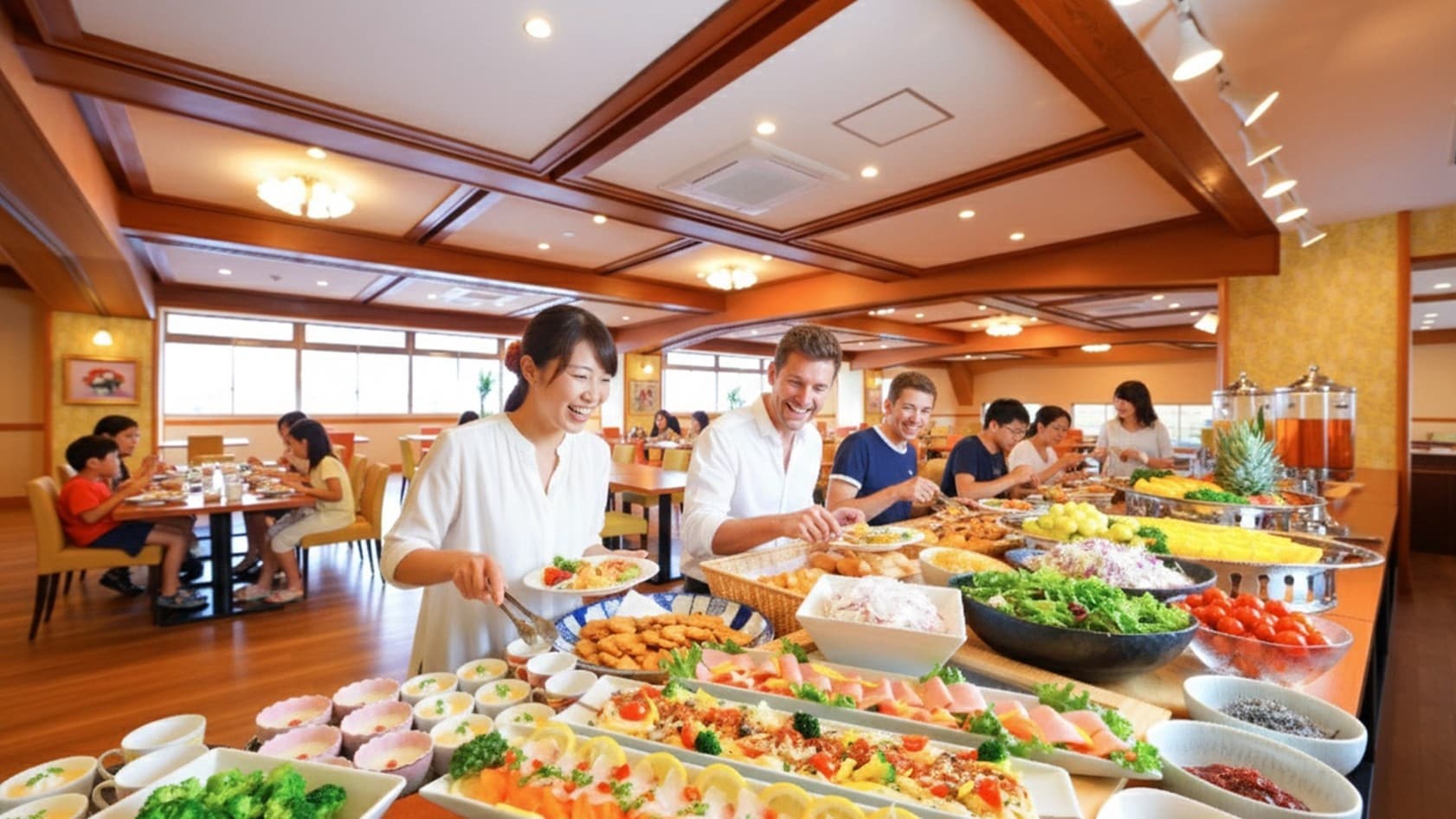 朝食はハーフビュッフェ。和食も洋食も楽しめる♪／例