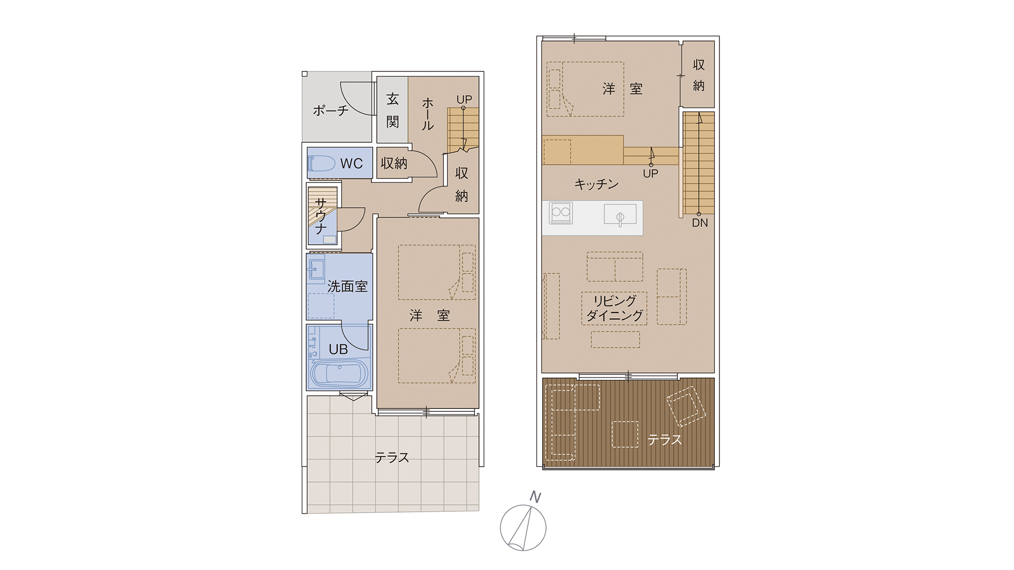 ・【A棟／間取り図】75平米の一棟貸しのヴィラです。テラスの目の前まで波が打ち寄せる立地です