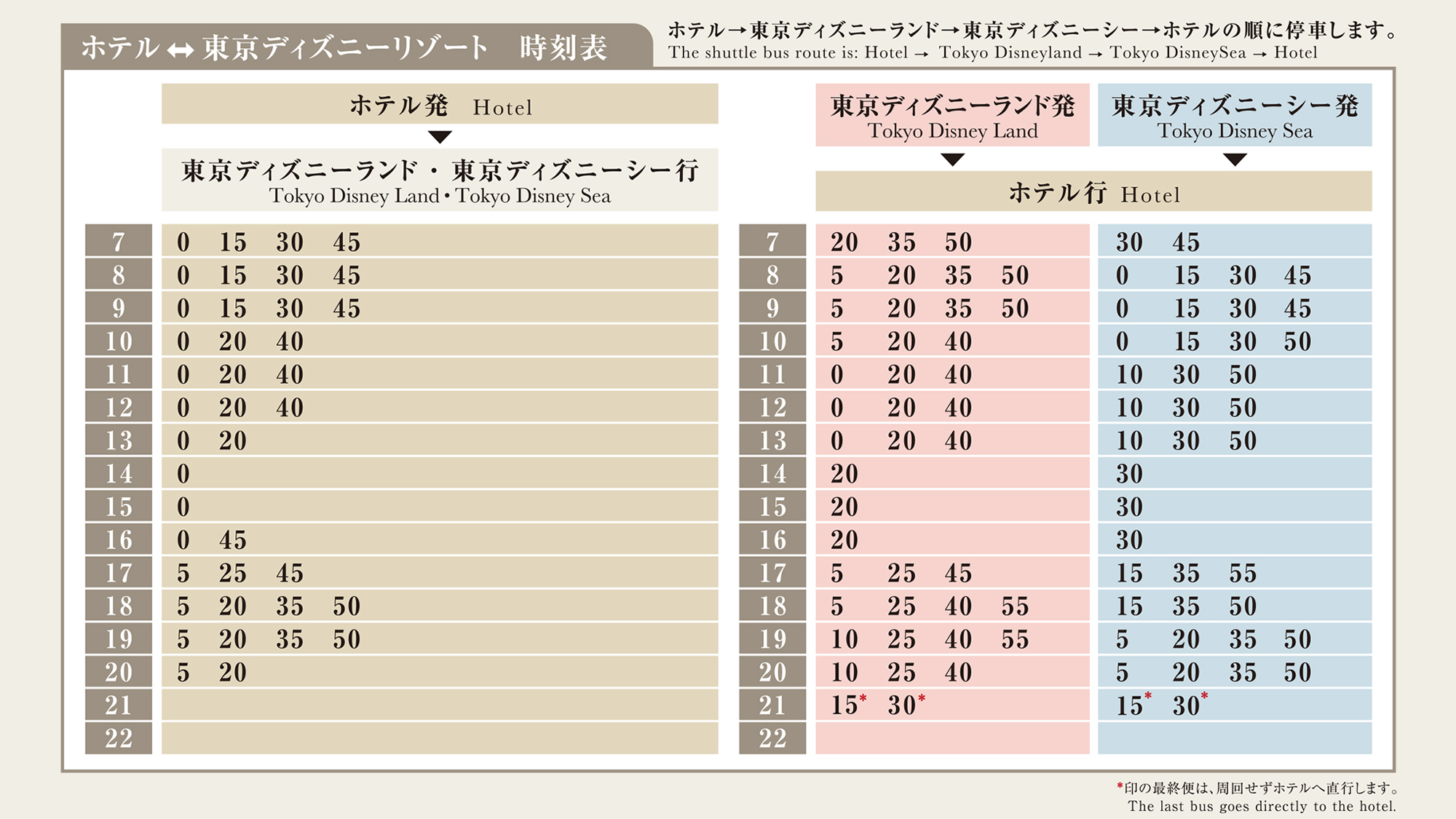 ホテル－東京ディズニーリゾート　シャトルバス時刻表