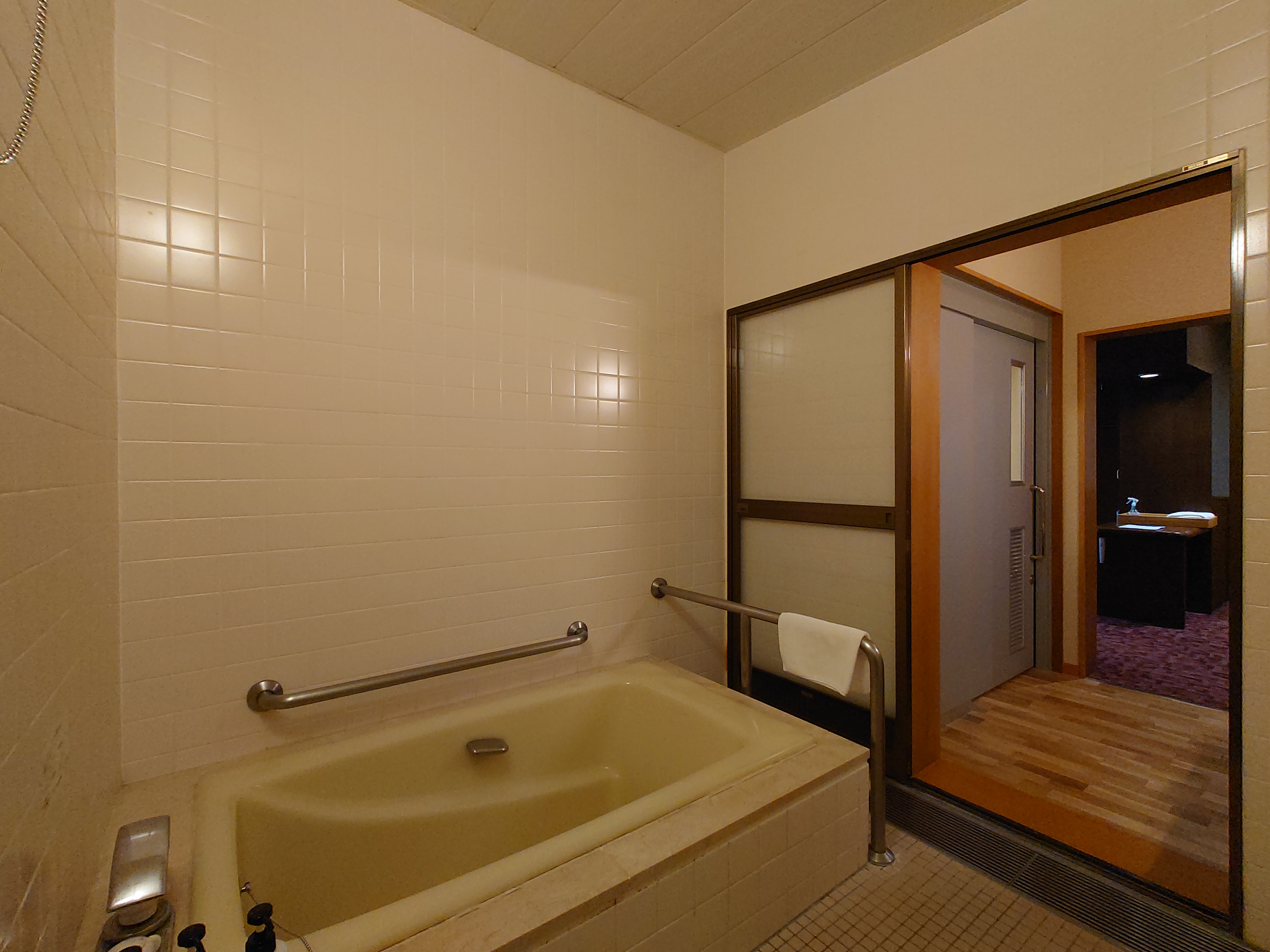 客室内にある広々浴室。段差があるので注意。