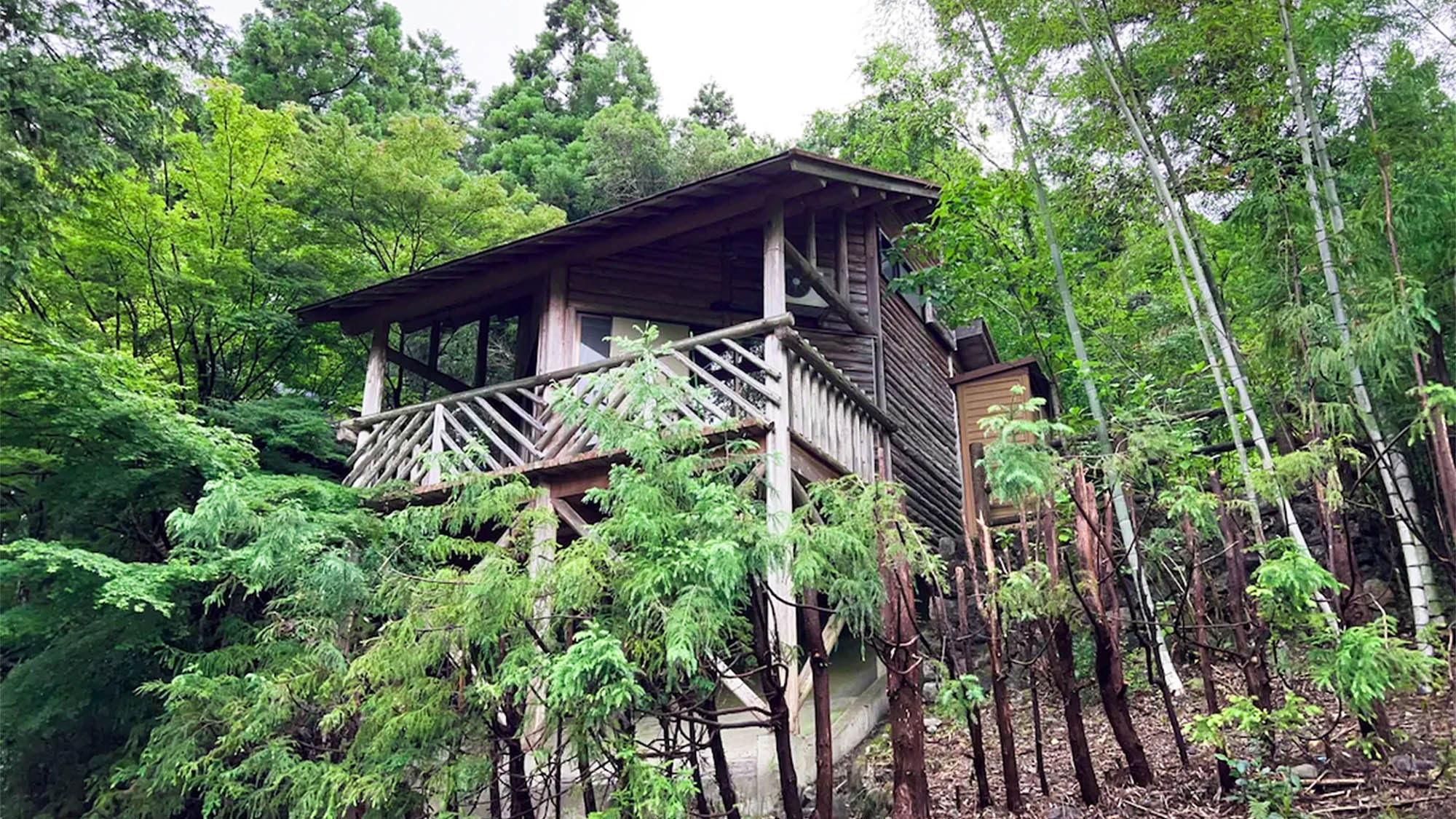 ・【コテージ1・外観】森の中にあるコテージ　ログハウス風の外観にワクワク