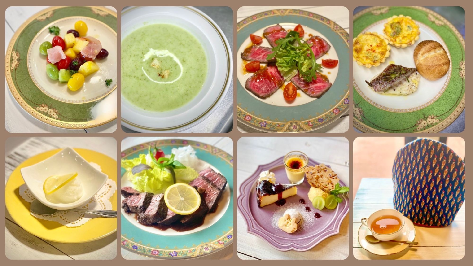 1泊2食付きのディナーはコース料理となります。 メニューの中からお好みのメインをお選びいただけます。 スタンダードコース例 （前菜、スープ、メイン、ライスorパン、デザート、コーヒーor紅茶）