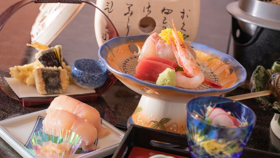 《夕食付プラン》花山産岩魚の塩焼やにぎり寿司など11品目の大満足な会席プラン