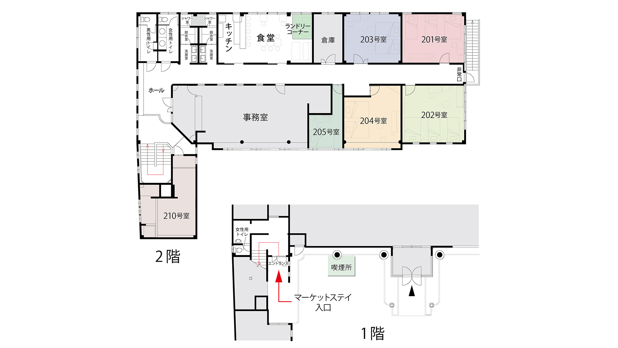 ・【館内マップ】共用のキッチン・食堂・シャワー・トイレを備えた、スーパー直結の快適な宿です