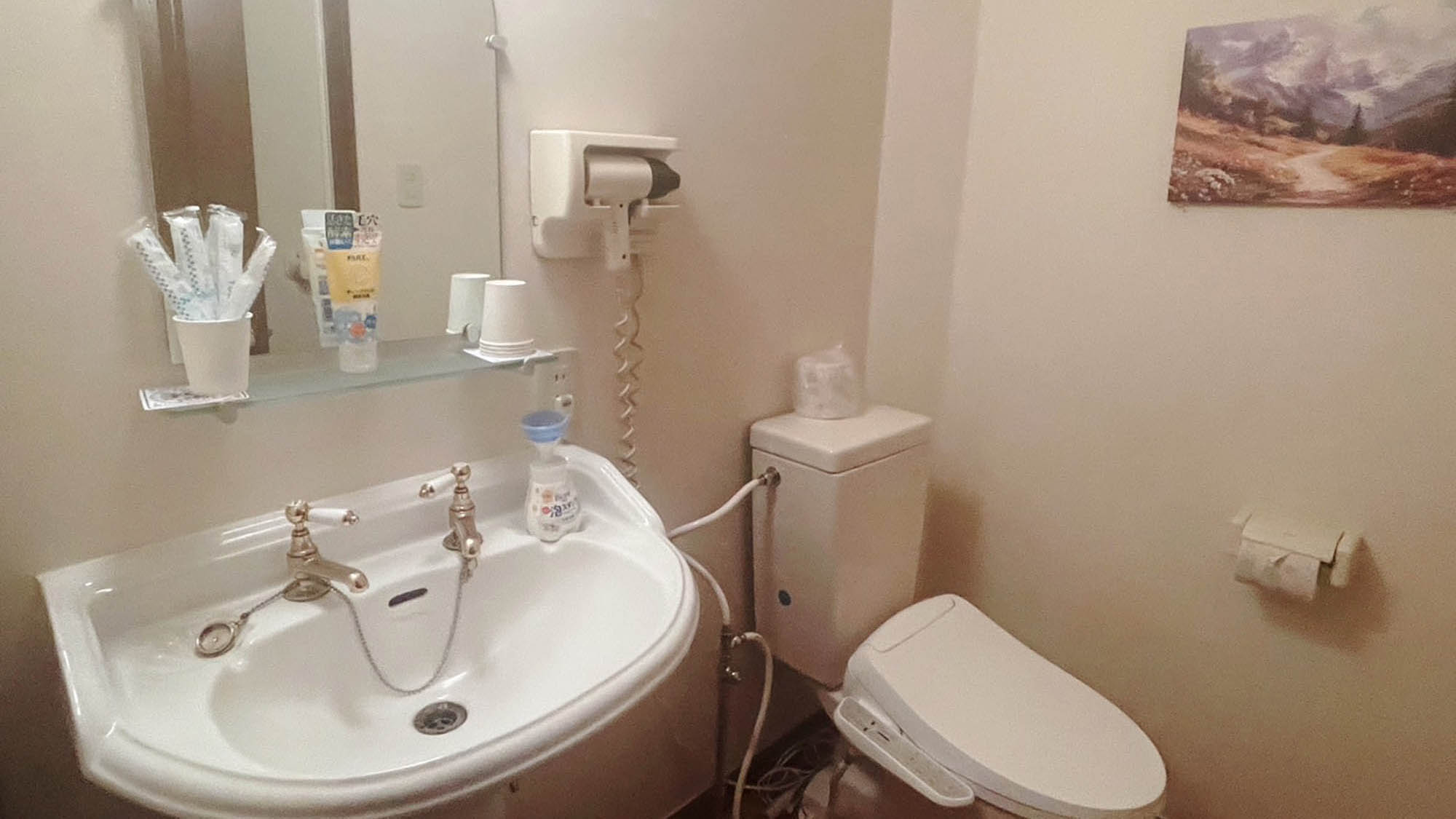 ・【新館ファミリールーム＆新館ダブル】明るい洗面所には温水洗浄機能付きのトイレも完備