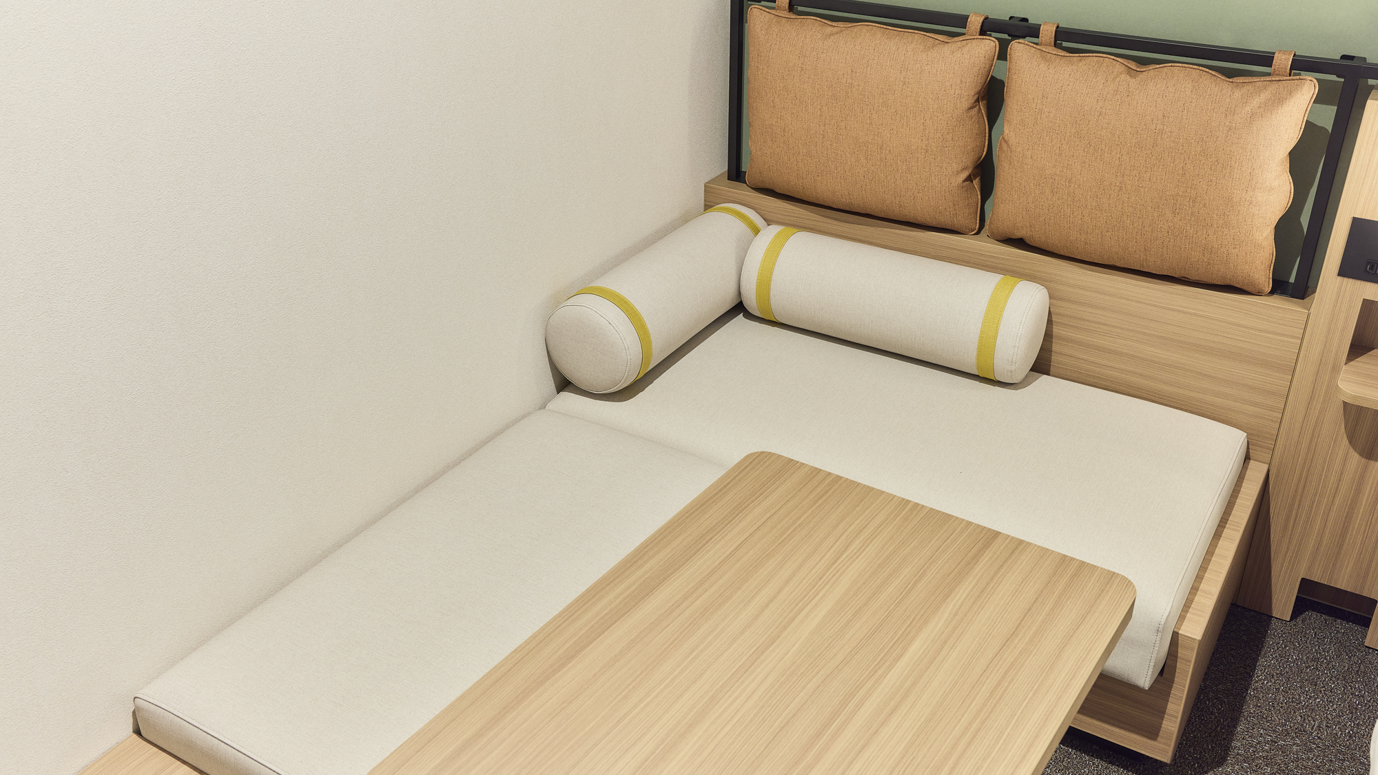 【クイーンエコノミー】L字ソファのボルスタークッション（円筒型クッション）の位置は自由に動かせます