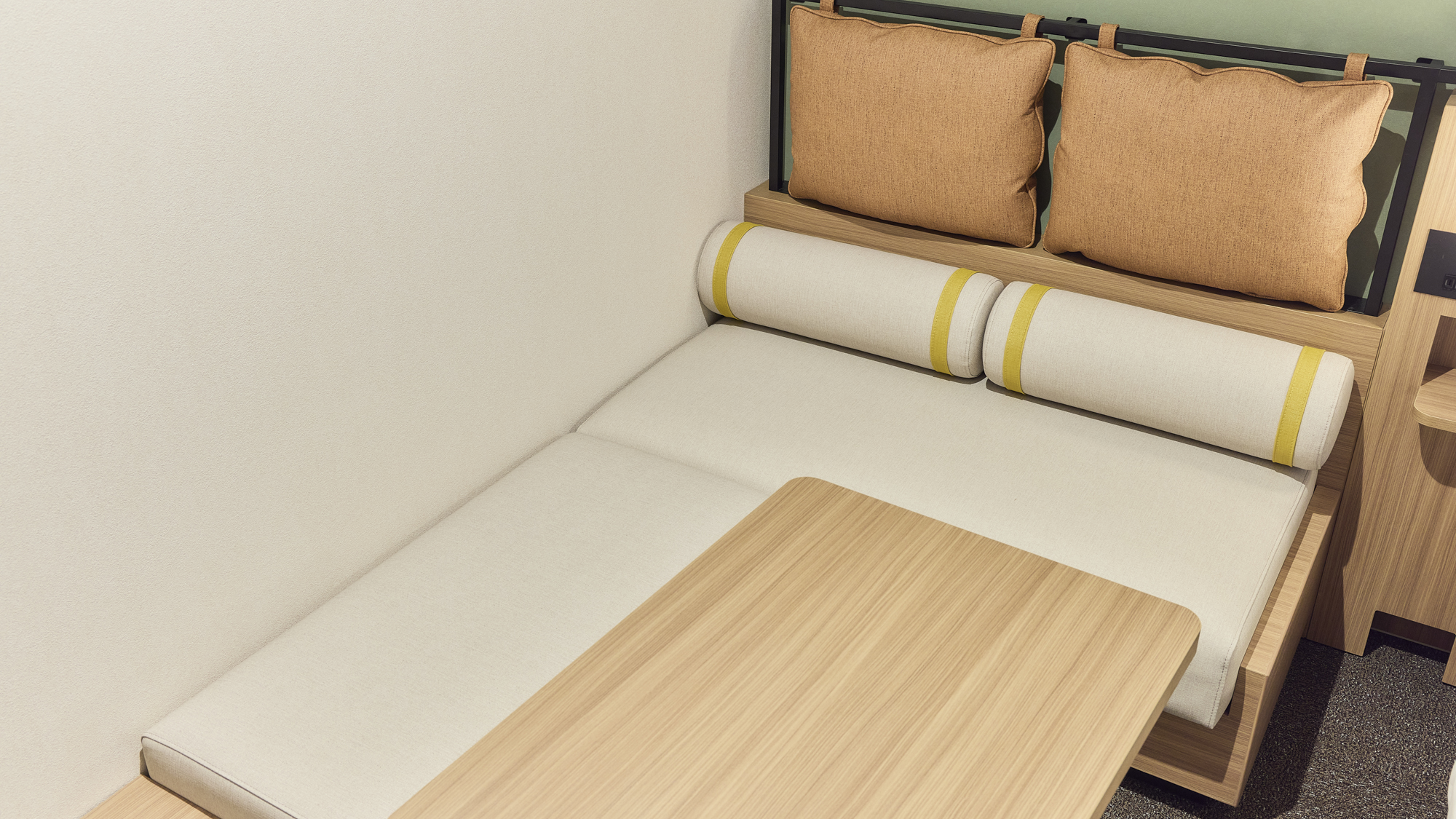 【クイーンエコノミー】L字ソファのボルスタークッション（円筒型クッション）配置例