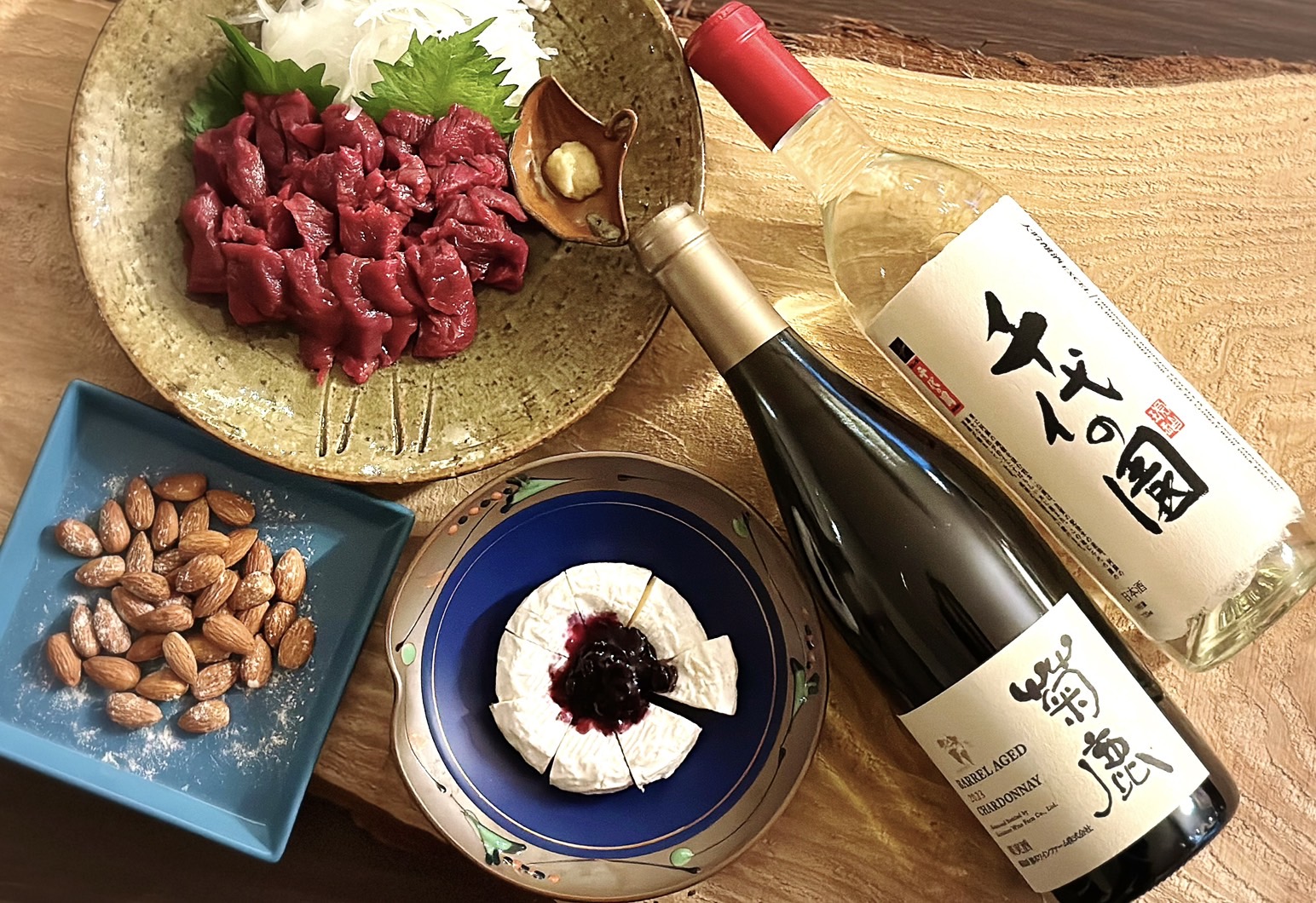 菊鹿ワイン樽熟成と千代の園エクセルの堪能セット（アテ付き）