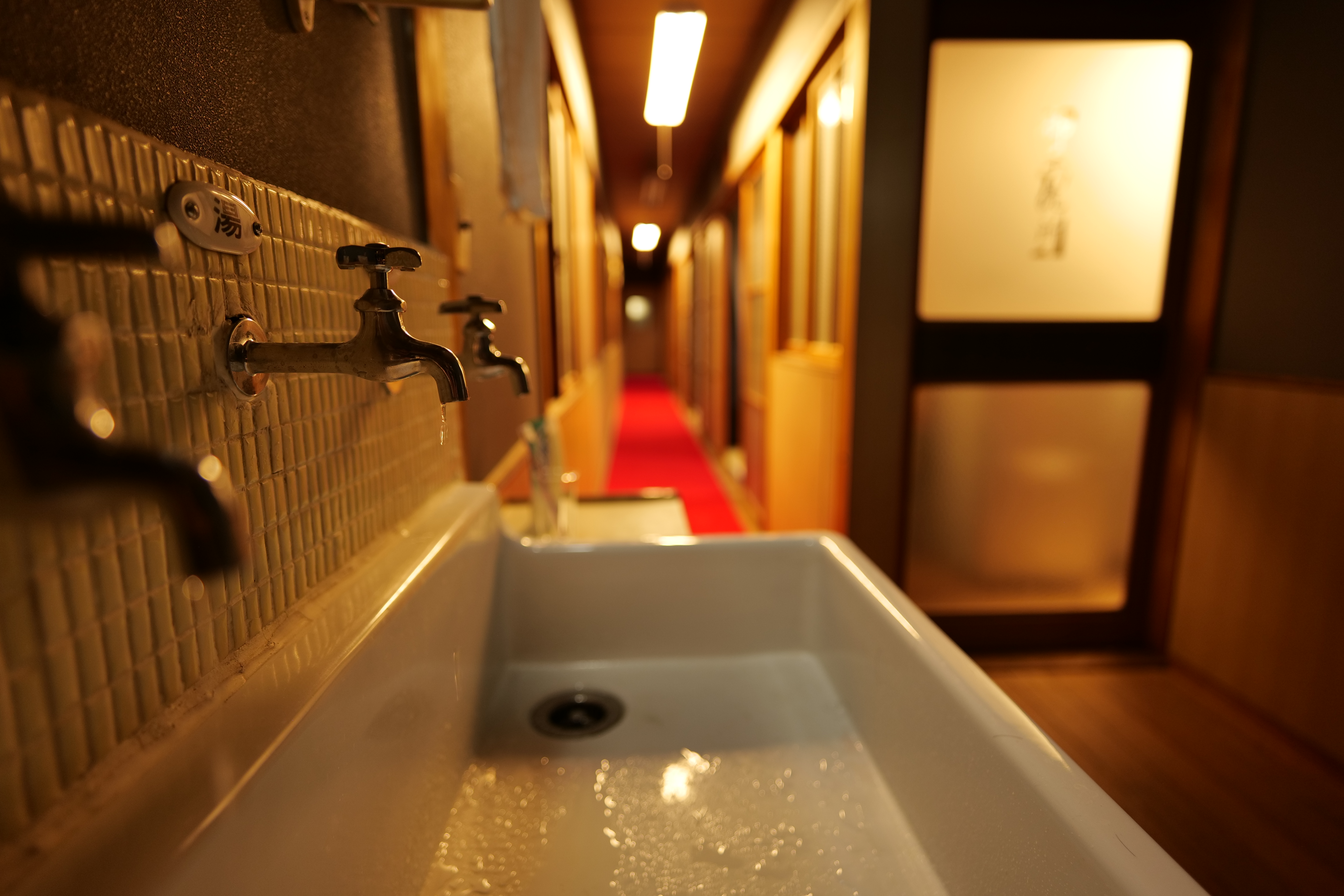 古民家ならではのレトロな創りの廊下と洗面台。