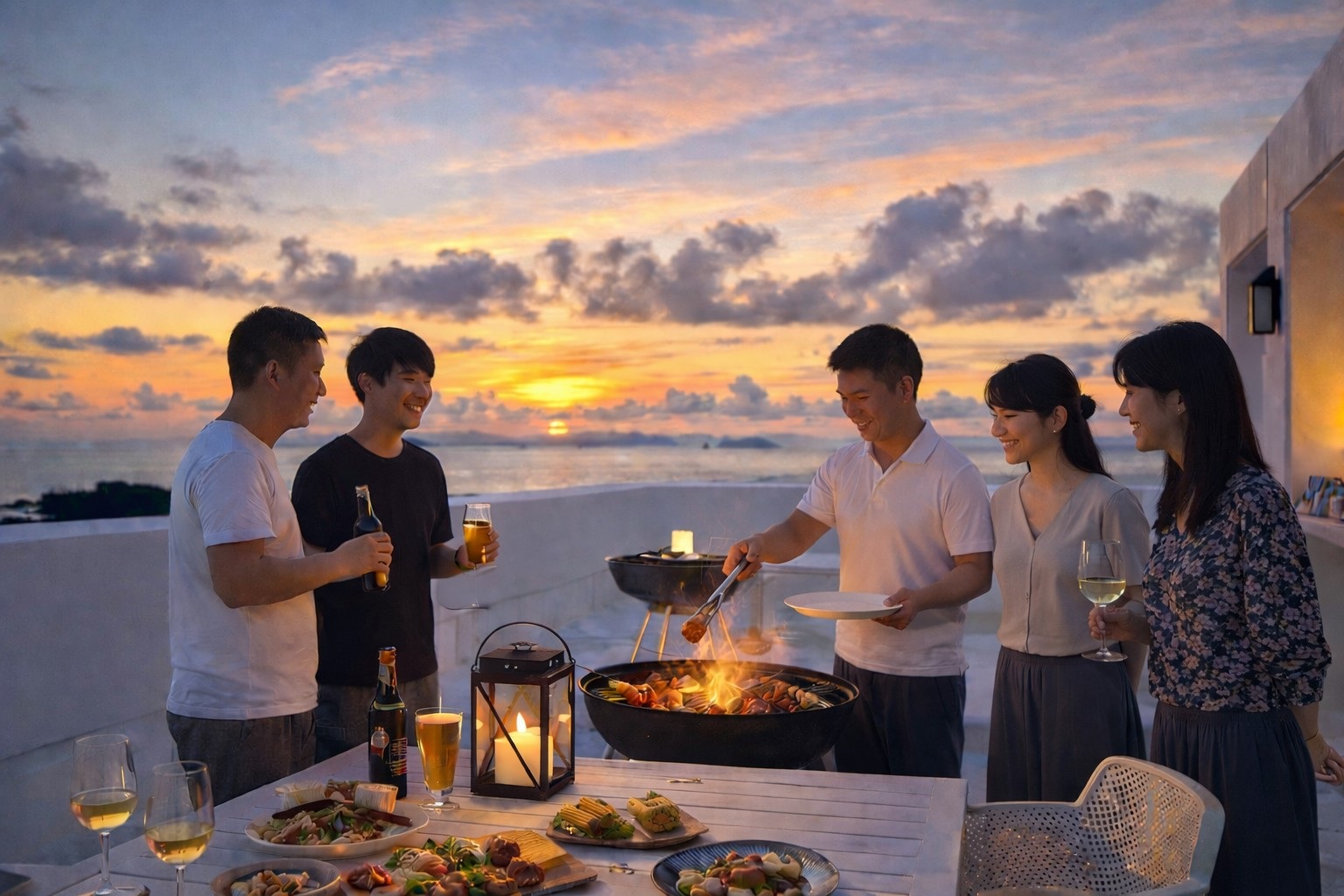 夕日と海を眺めながら、贅沢なバーベキューを。地元の新鮮な食材と、心地よい潮風を感じる開放的なテラスで、非日常的なひとときを。