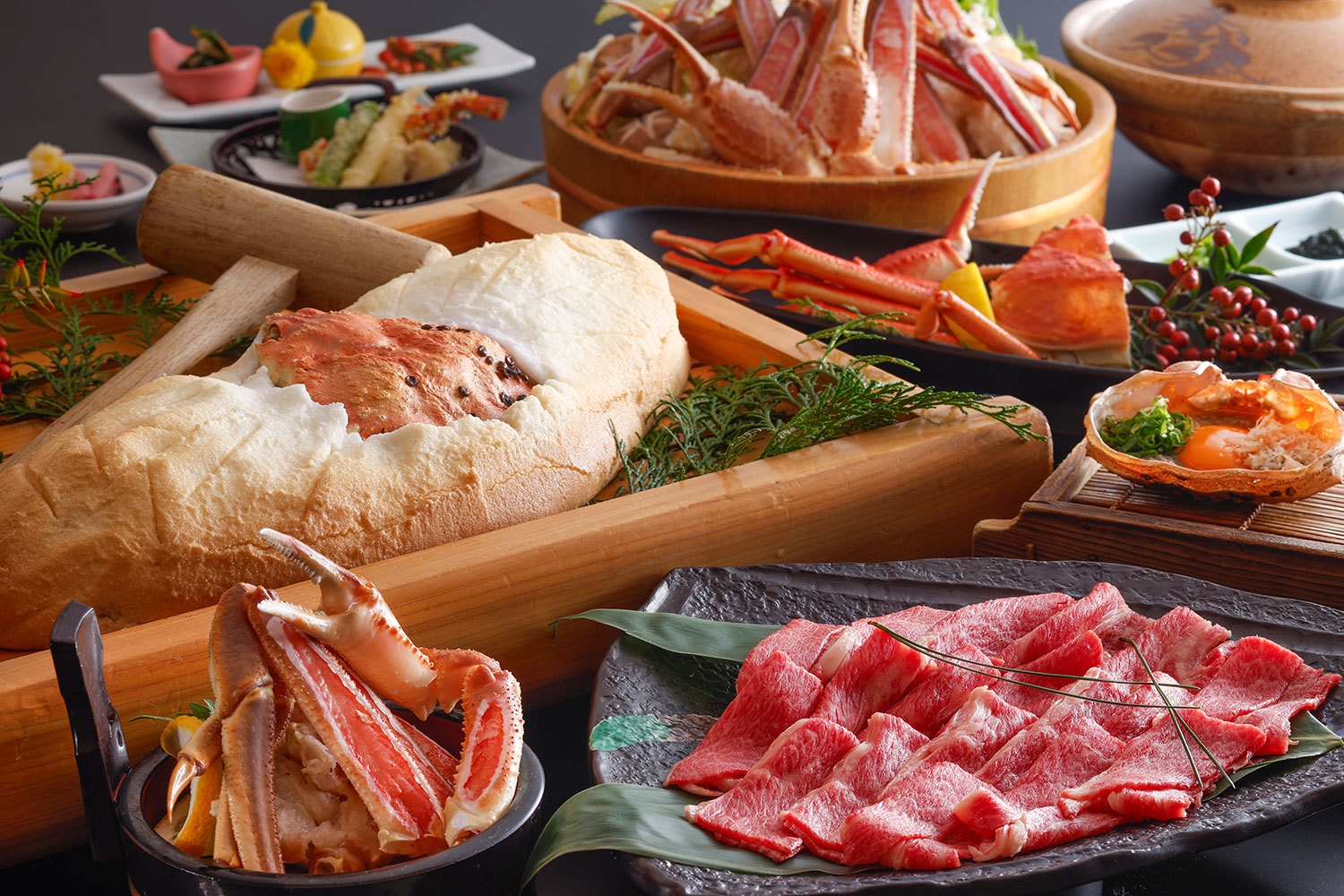 【かにかまくらと3L特大カニ鍋＆但馬牛鍋】更に♪カニ刺＋茹でカニ＋甲羅蒸し＋カニ天、カニ雑炊★冬爛漫