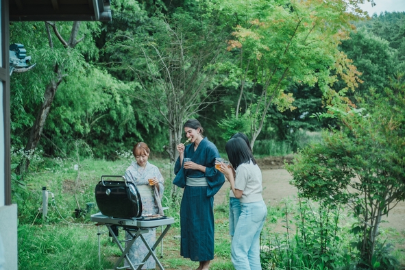 【BBQ食材付】河口湖湖畔のBBQを庭で楽しむ贅沢！ワインビーフとヤマメの厳選素材！２食付！
