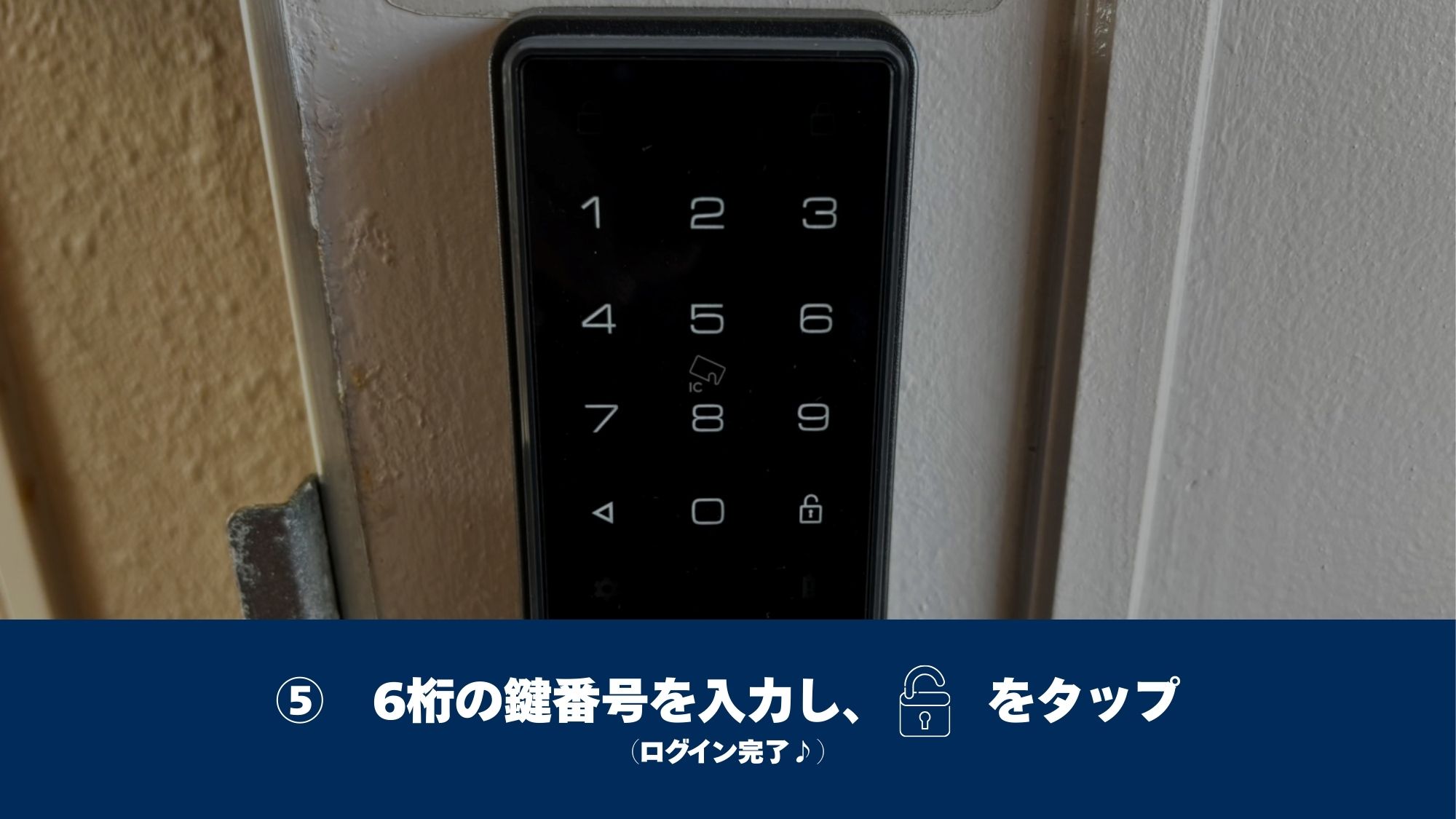ドア前に到着したら、先ほどカメラで撮影した6桁の「鍵番号」を入力し入室ください。