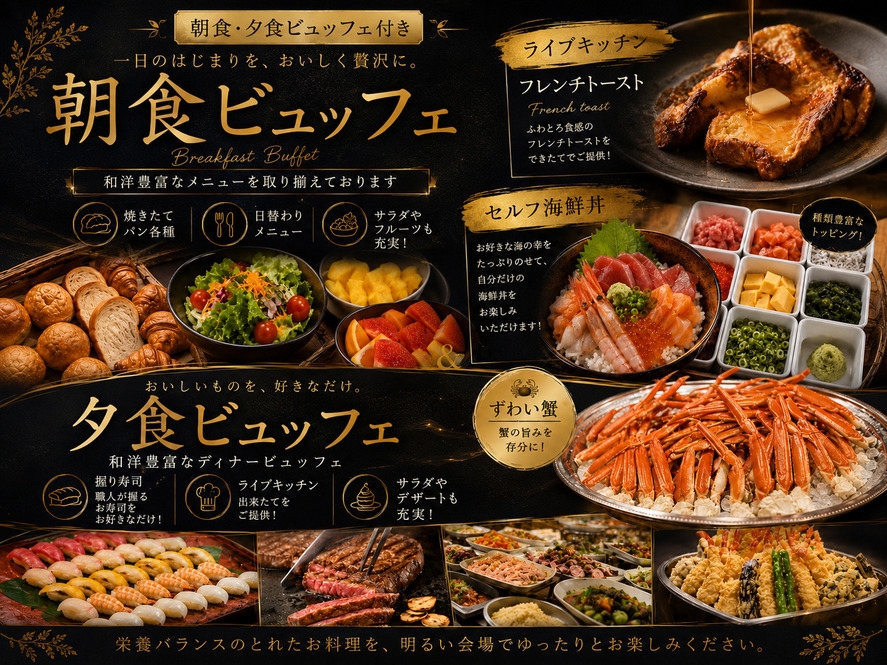 【夕食+朝食ビュッフェ】サーロインステーキ＆ずわい蟹＆海鮮＆和洋中30種以上を楽しむ朝夕ビュッフェ