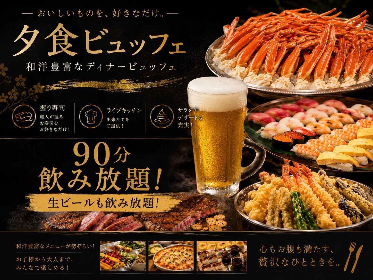 【生ビールも飲み放題！プレミアムプラン】サーロインステーキ＆ずわい蟹＆海鮮など【夕+朝ビュッフェ】