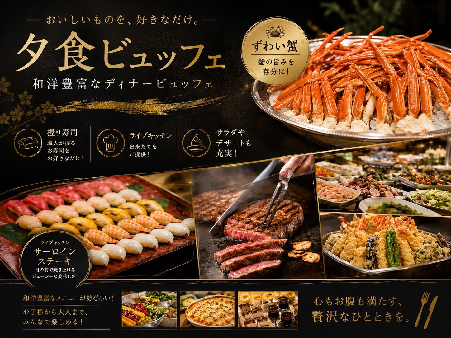 【夕食ビュッフェ】17階夜景とライブキッチン「サーロインステーキ」で贅沢ディナー、ずわい蟹・寿司など