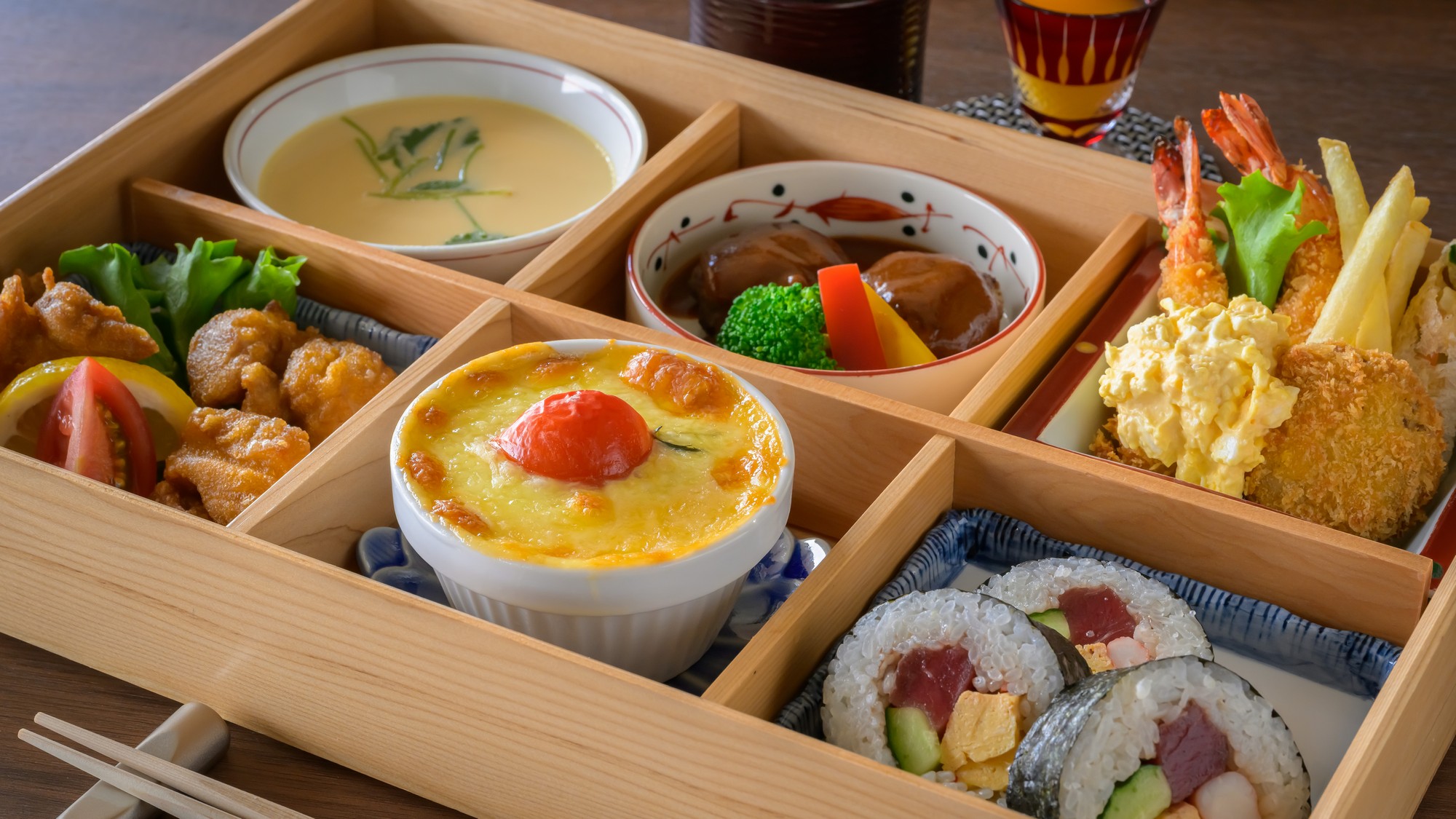 小学生のお子様ご夕食一例　グラタンに巻きずし、ハンバーグ、からあげなどをご用意いたします。