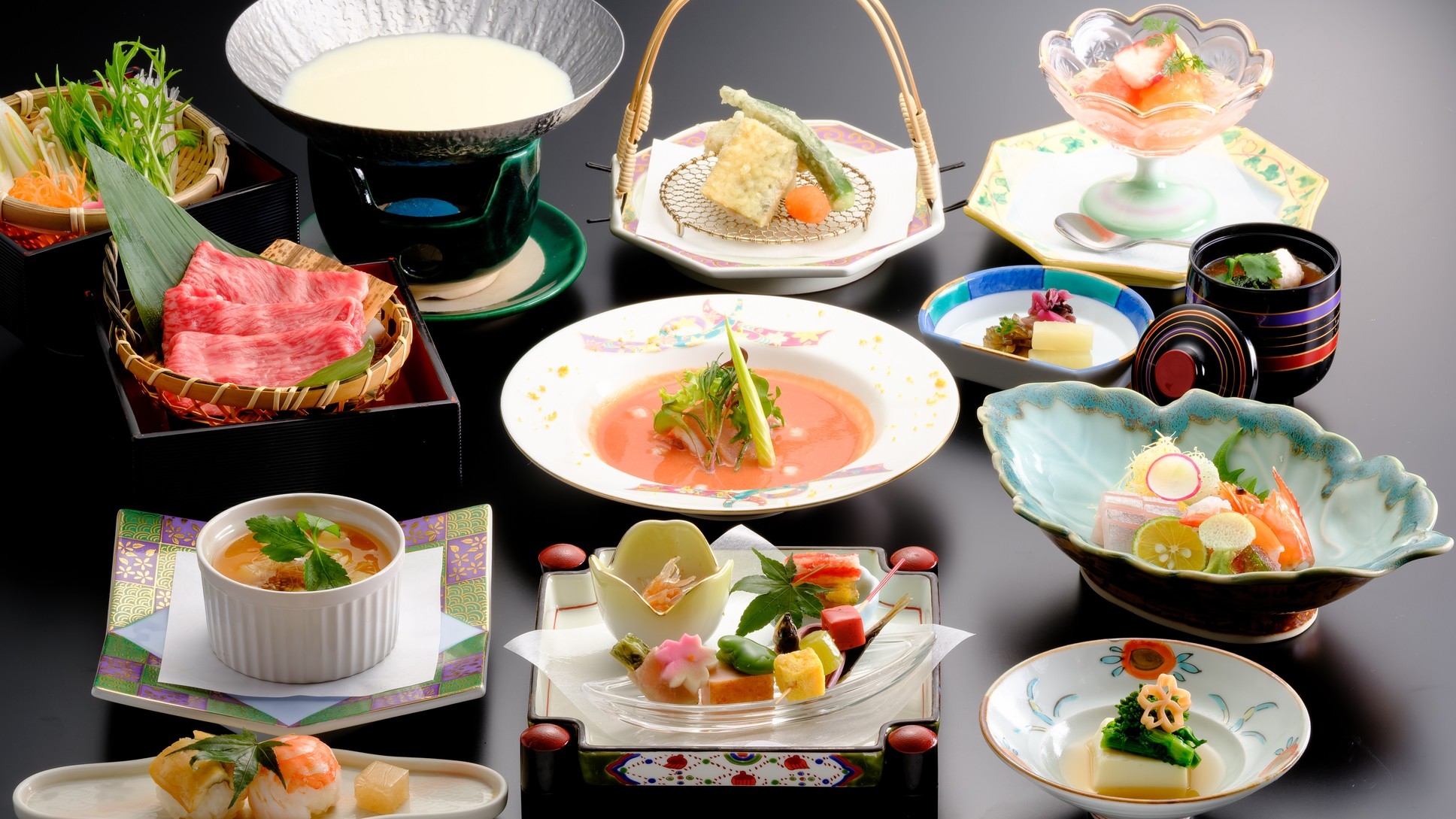 【山雅会席】＜春夏限定＞旬を感じるグレードアップ会席〜和牛豆乳しゃぶ鍋・魚介の和風ガスパチョなど〜