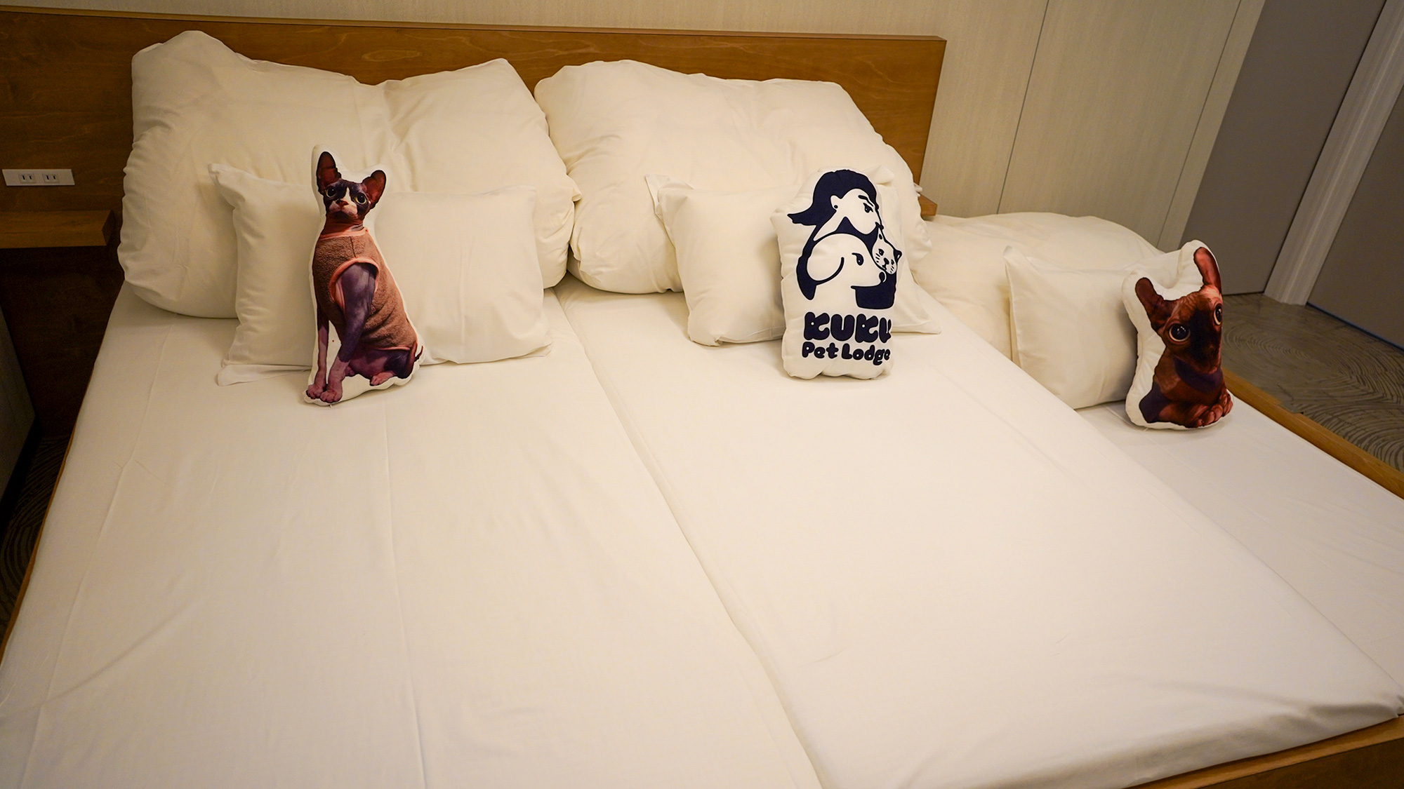 ・【お部屋】清潔感のあるベッド。心くすぐる猫のクッションとともに、くつろぎの時間をお過ごしください