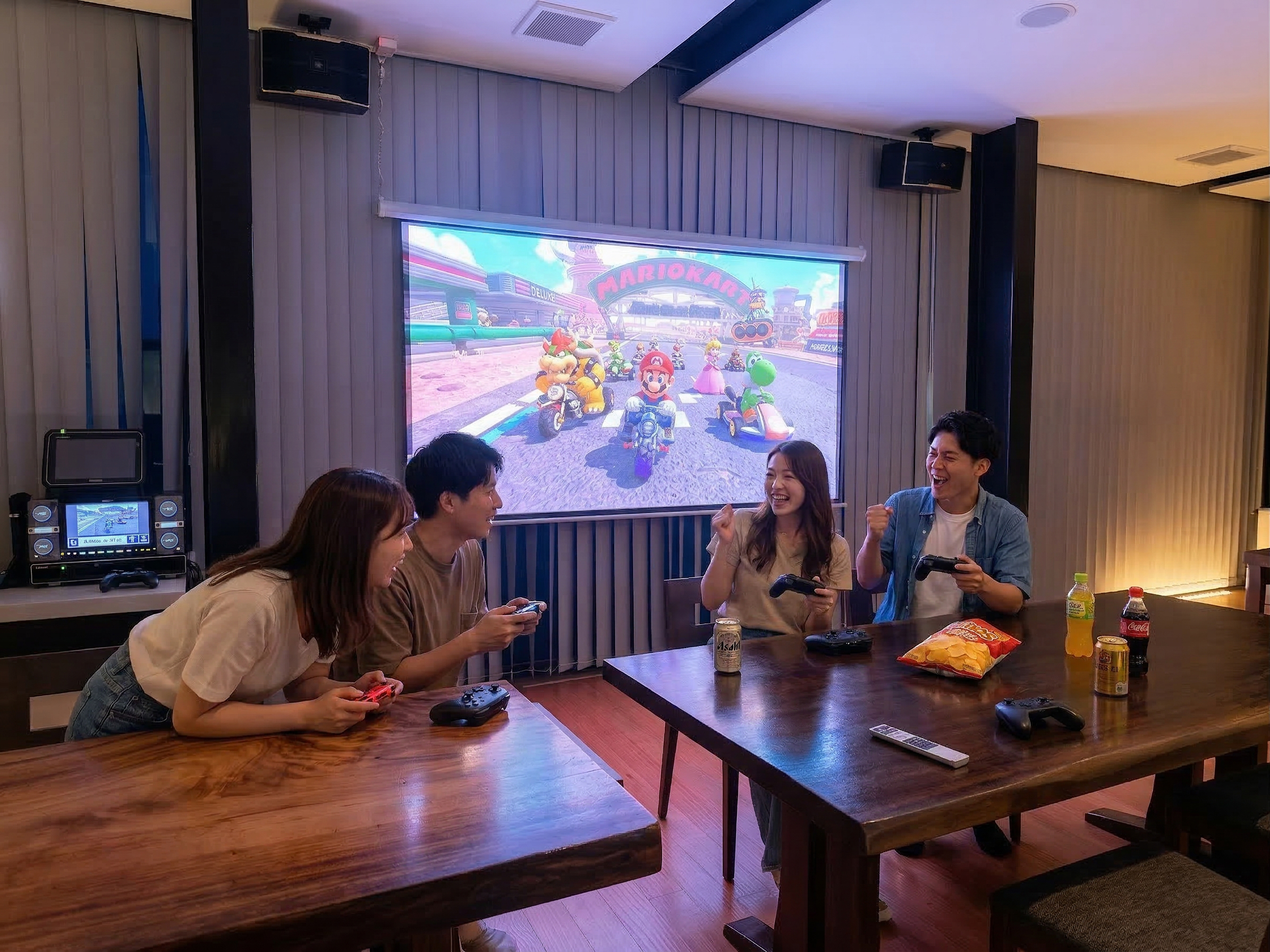 大画面100インチのプロジェクターで、ゲームやカラオケを思いきり楽しめます。Nintendo Switch 2 を接続すれば、みんなでマリオカートなどの対戦ゲームも大迫力。ご家族やご友人と特別なひとときをお過ごしください。