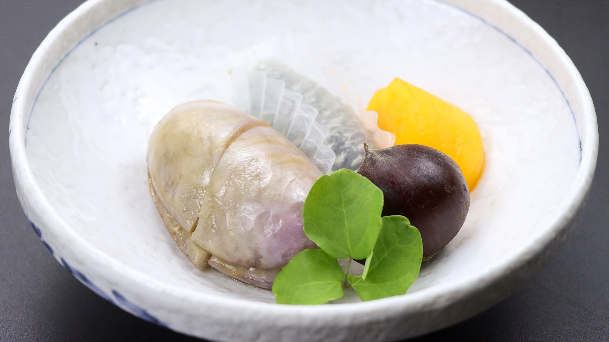 #夕食一例　山形はアケビの皮も食べる文化があります！当宿はキノコ詰めをご提供いたします。