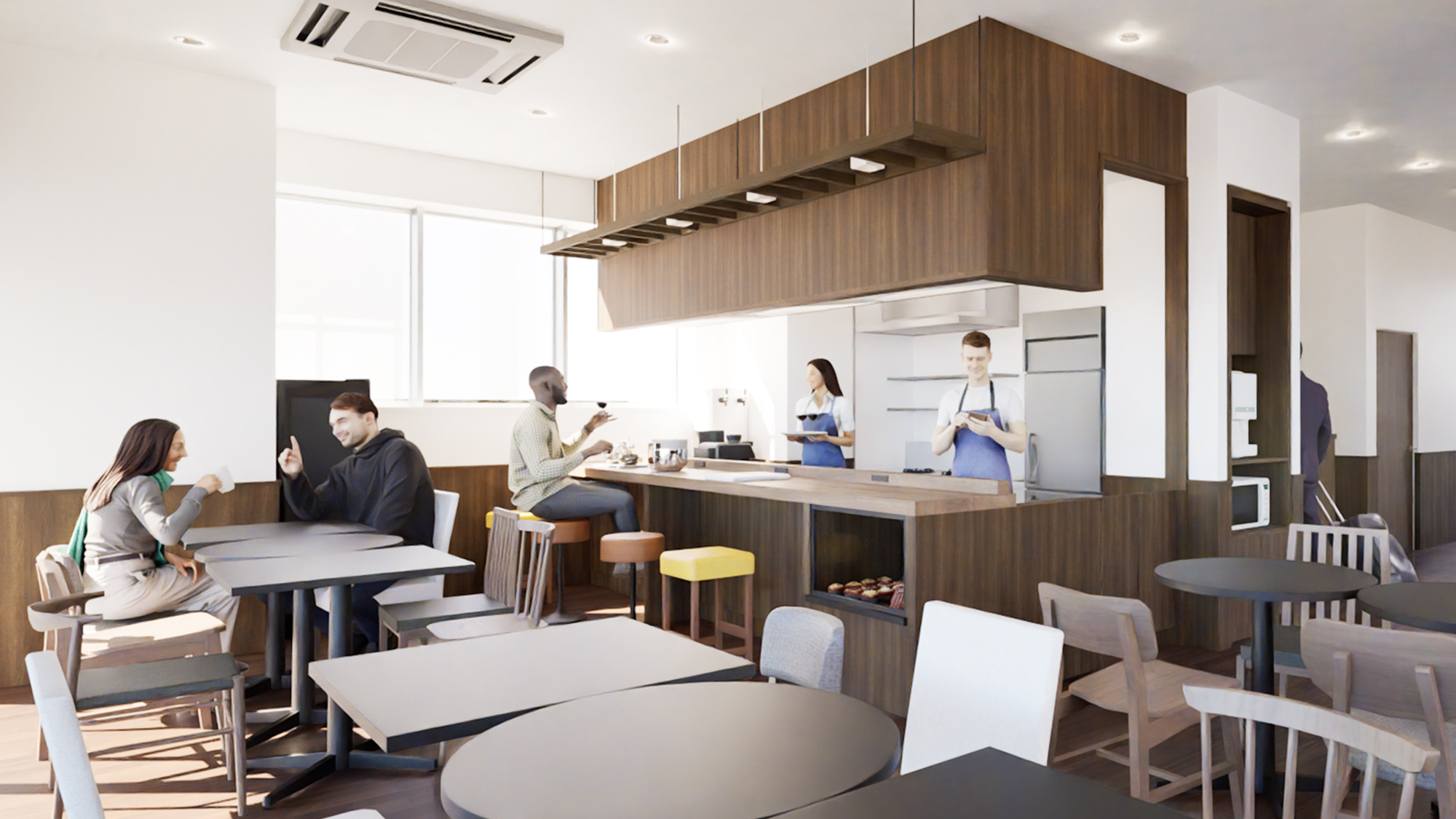 【カフェ&BAR】＜1F＞ウッド調で統一したデザインで自然の温もりが感じられるカフェ空間（朝食会場）