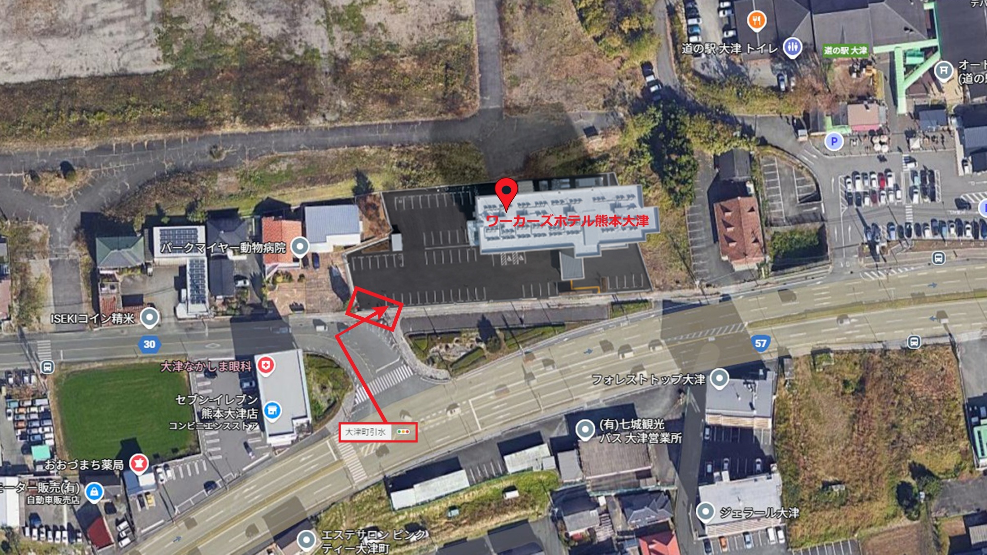 バイパスから駐車場入り口までの案内　※大型車はご到着前にご連絡お願いいたします。