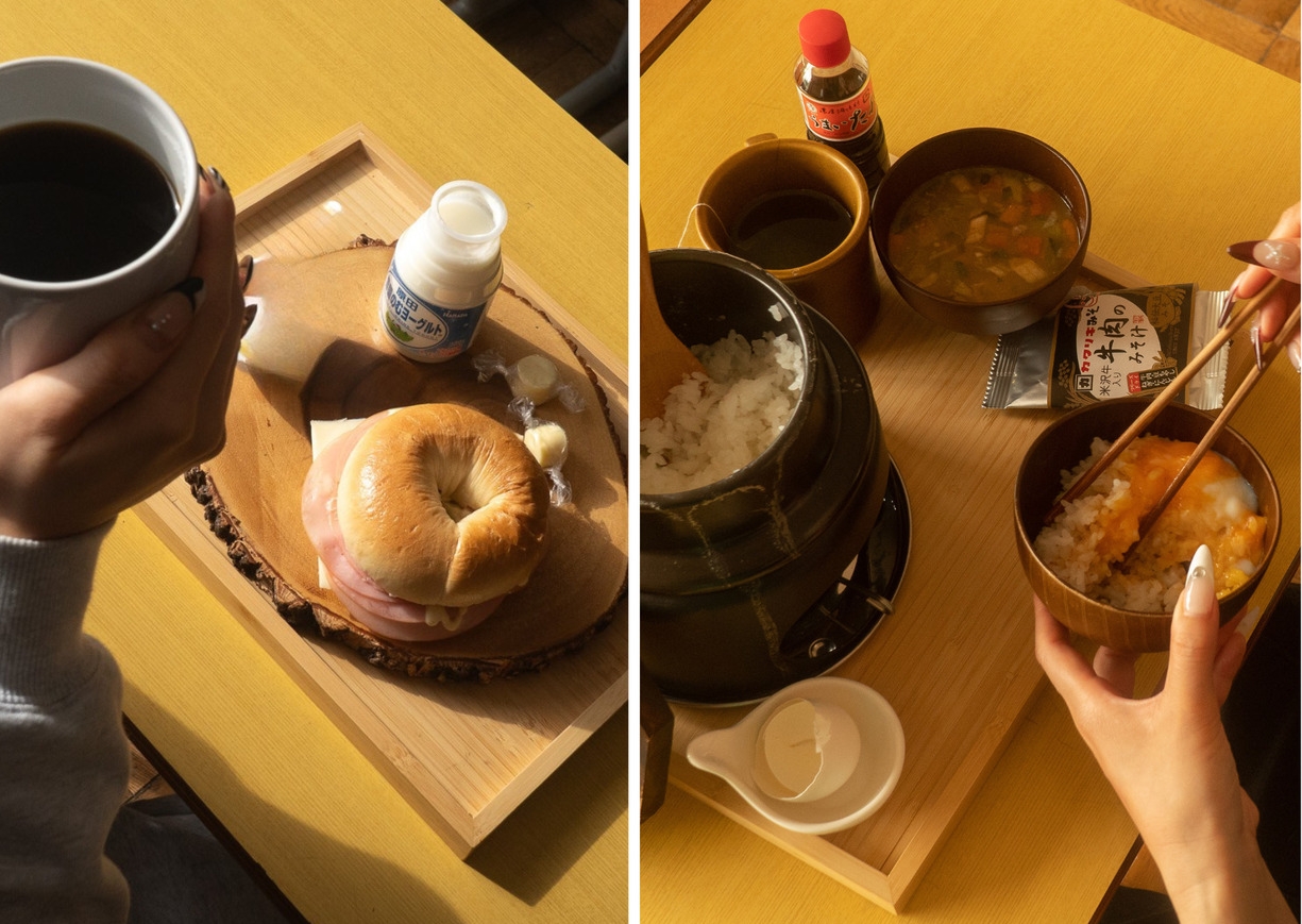 【選べる朝食】山形 釜飯TKG／山形もちもちベーグル＆コーヒー｜小学校ステイ（朝食付）