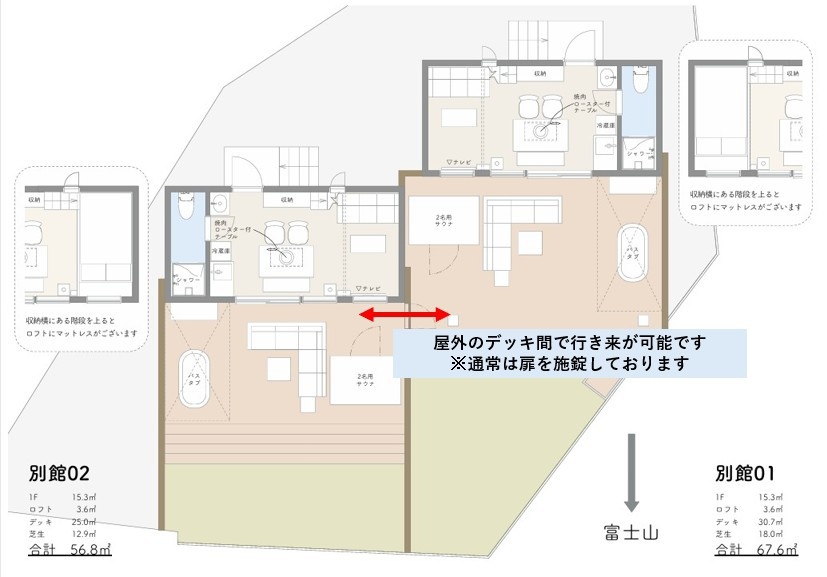 【素泊り】2棟貸切｜みんなで過ごす贅沢な滞在。富士山ビュー露天風呂・サウナ付（最大6名）