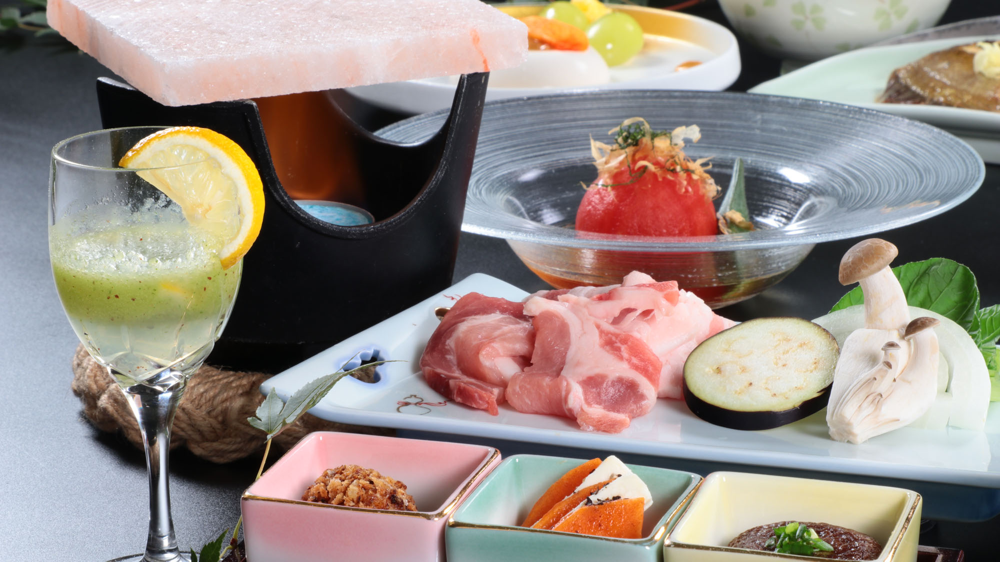 料理_夕食_岩塩プレート焼物付スタンダード_全体*