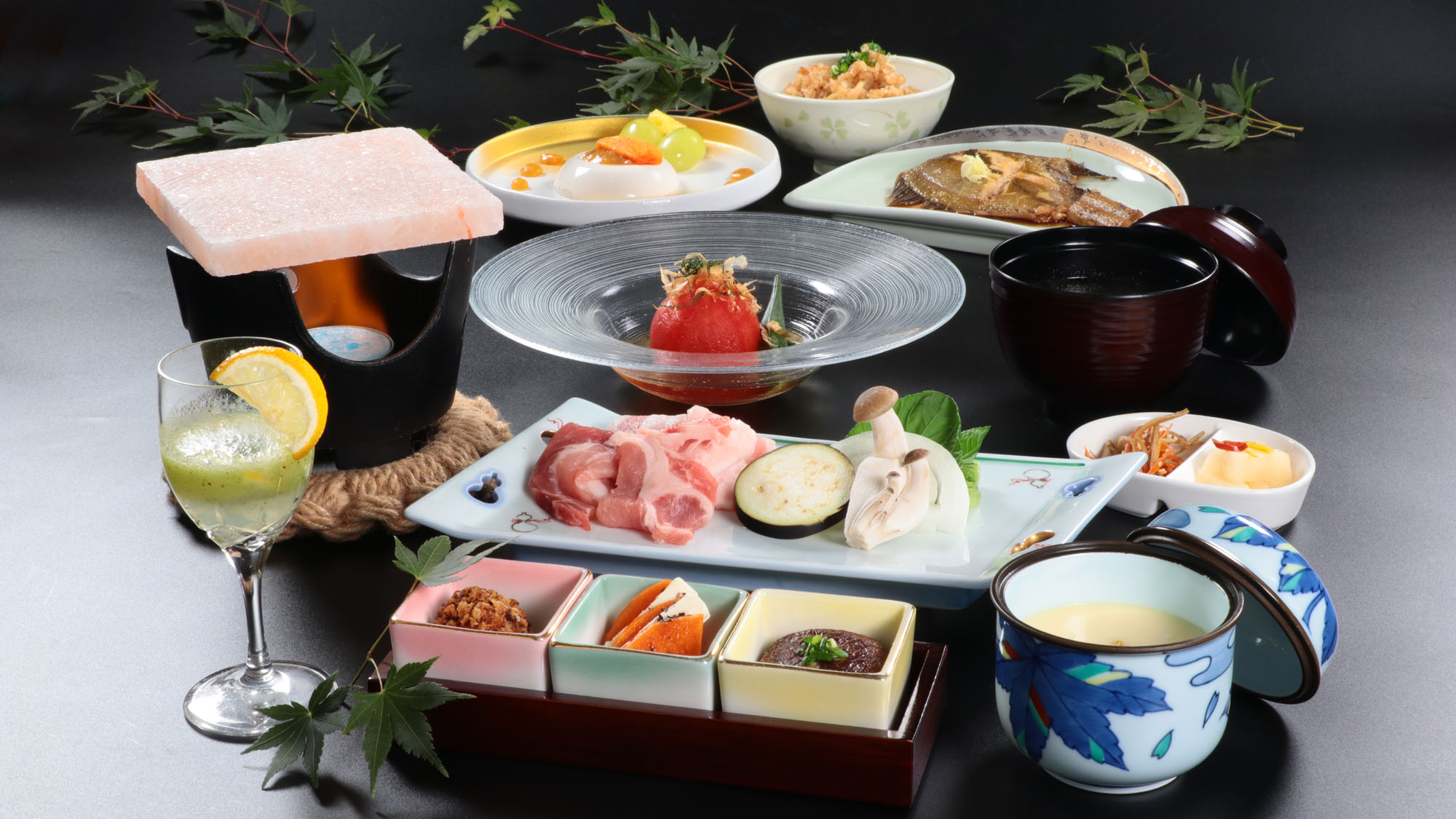 料理_夕食_岩塩プレート焼物付スタンダード_全体*