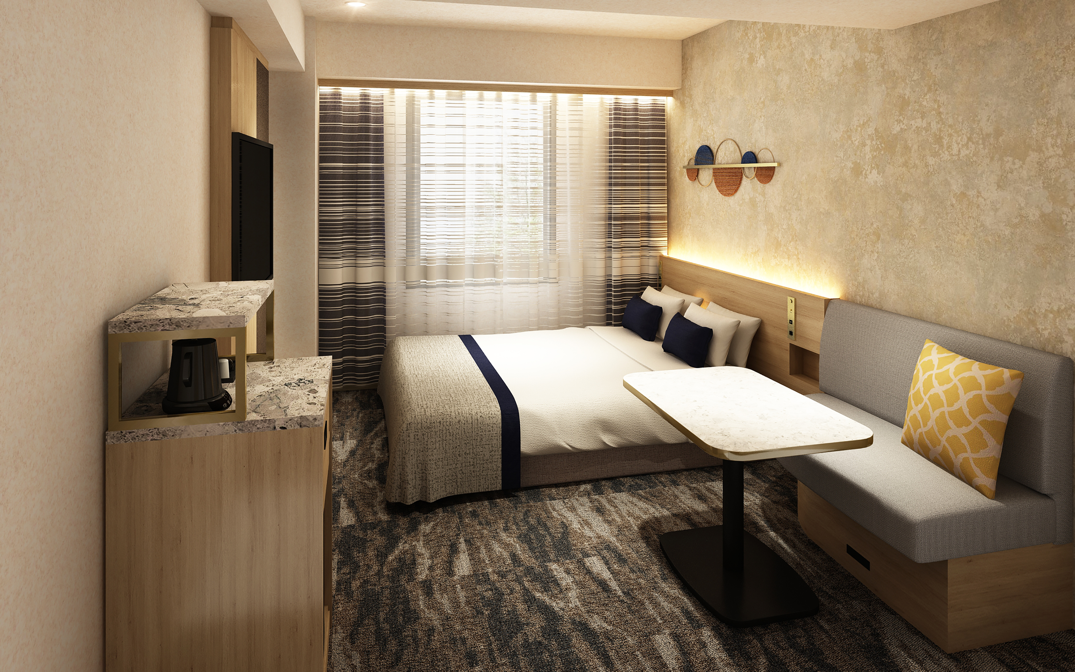 　ゆったりと寛げる1600mm幅のクイーンサイズベッドを配した約18㎡のスタンダードルーム 客室内にはシャワーブース 洗面とトイレは独立式　   ーー　備品アメニティ　ーー  TV（50インチ　動画視聴可）　 冷蔵庫　／　個別空調　／　内線電話　／　金庫 バスタオル・フェイスタオル・バスマット シャンプー・コンディショナー・ボディソープ・ハンドソープ ドライヤー／　館内着　／　歯ブラシ スリッパ／　ハンガー　／　靴ベラ　／　ティッシュ 電気ケトル　／　ドリップコーヒー　／グラス・マグカップ 