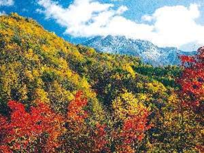 紅葉と雪景色の焼岳。奥飛騨の紅葉見頃は例年１０月中旬〜１１月初旬