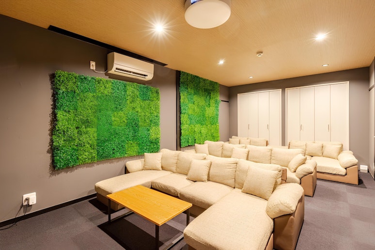 広々シアタールーム。照明は調整可能ですので、映画館のような暗さにもできます。