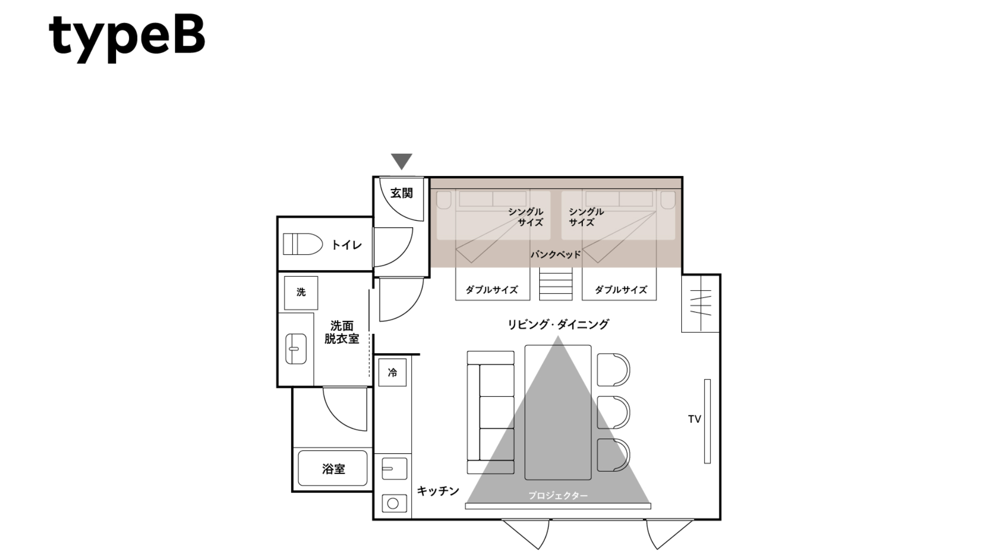 【間取り図】Bタイプ　※客室によって廊下の作りが異なります