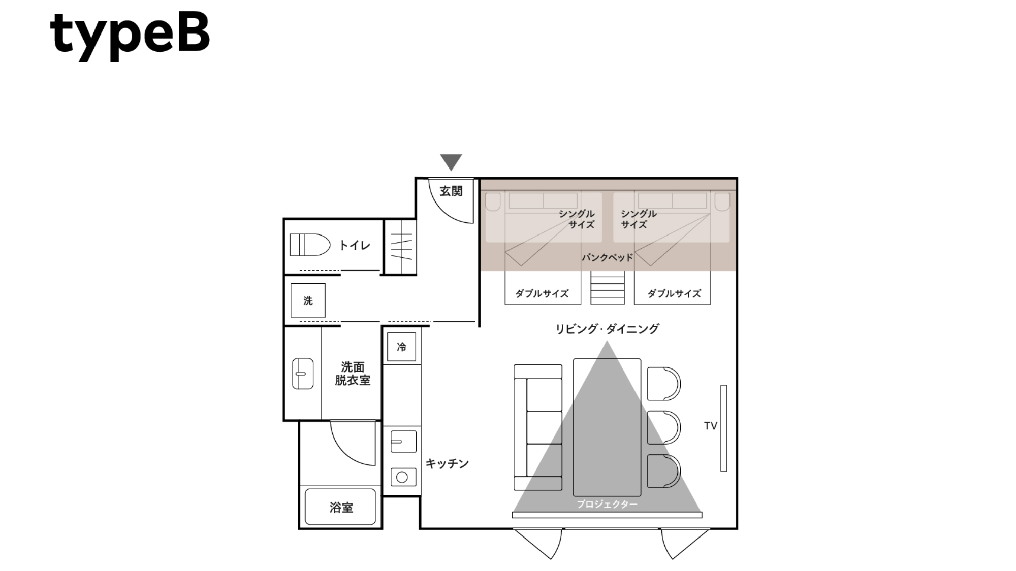 【間取り図】Bタイプ　※客室によって廊下の作りが異なります　